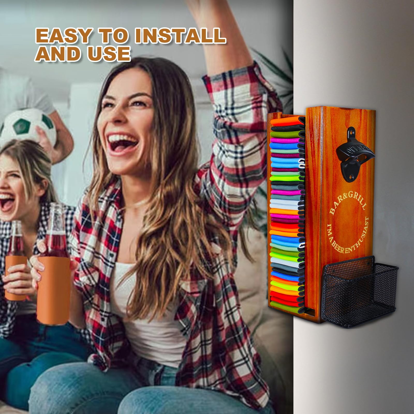 Soporte 3 en 1 para enfriar latas con abrebotellas, organizador y dispensador de fundas de madera para latas de cerveza y almacenamiento de botellas de cerveza, ideal para bares y fiestas en
