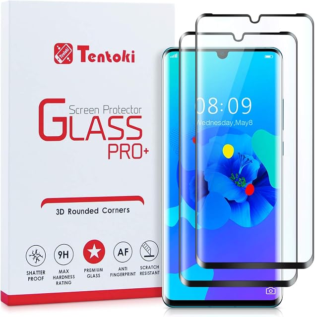 Tentoki Screen Protector Compatible with Huawei P30 Pro, [2-Pack] HD Full Coverage Tempered Glass Screen Protector [Compatible with Fingerprint Sensor] for Huawei P30 Pro