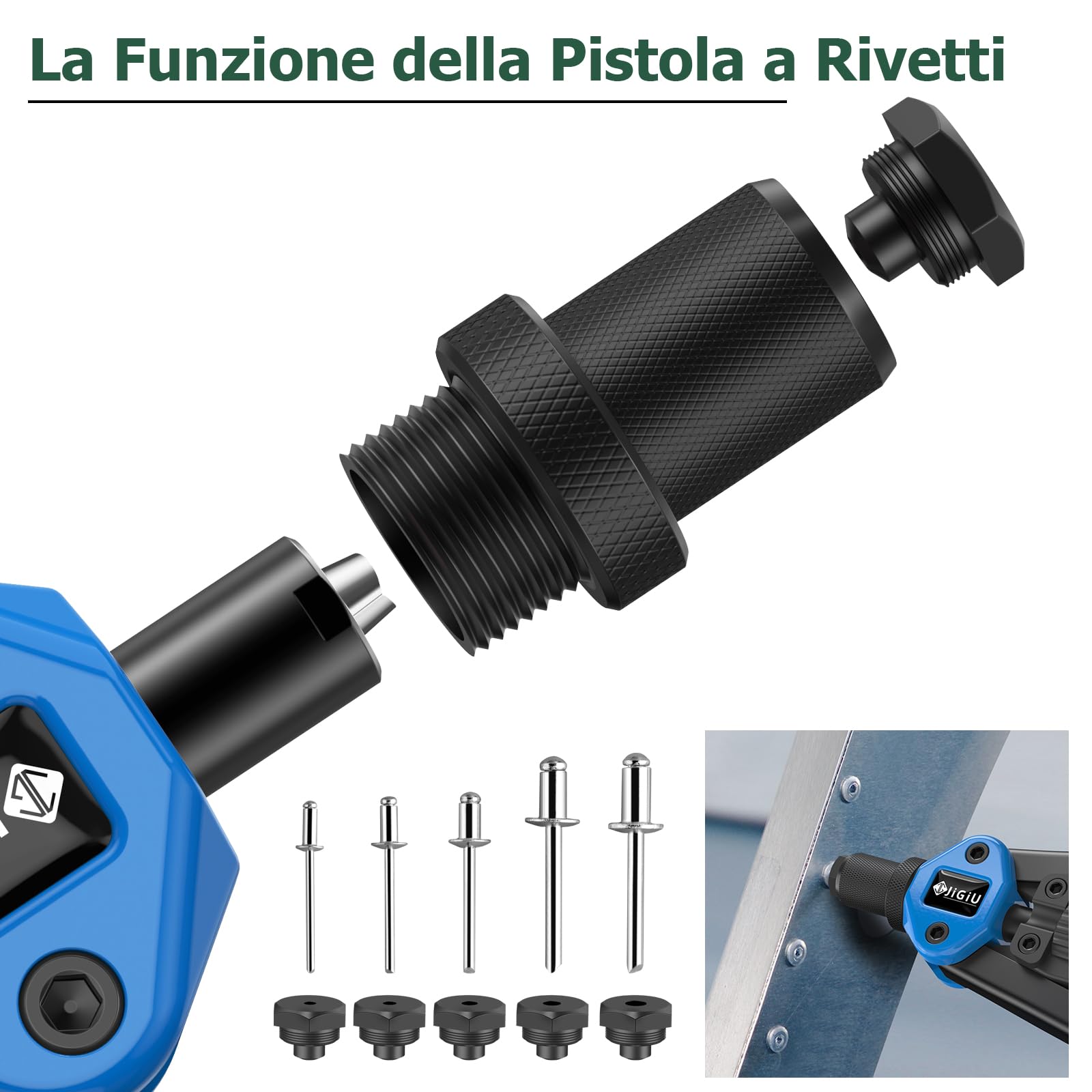 JiGiU Rivettatrice Professionale 2 in 1 per Inserti Filettati-7pz Mandrini Metrici 110 Dadi 5 Diverse Misure Doppio Manico di Rivettatrici-50 pz Rivetti per Lavori Edili-Nero Blu