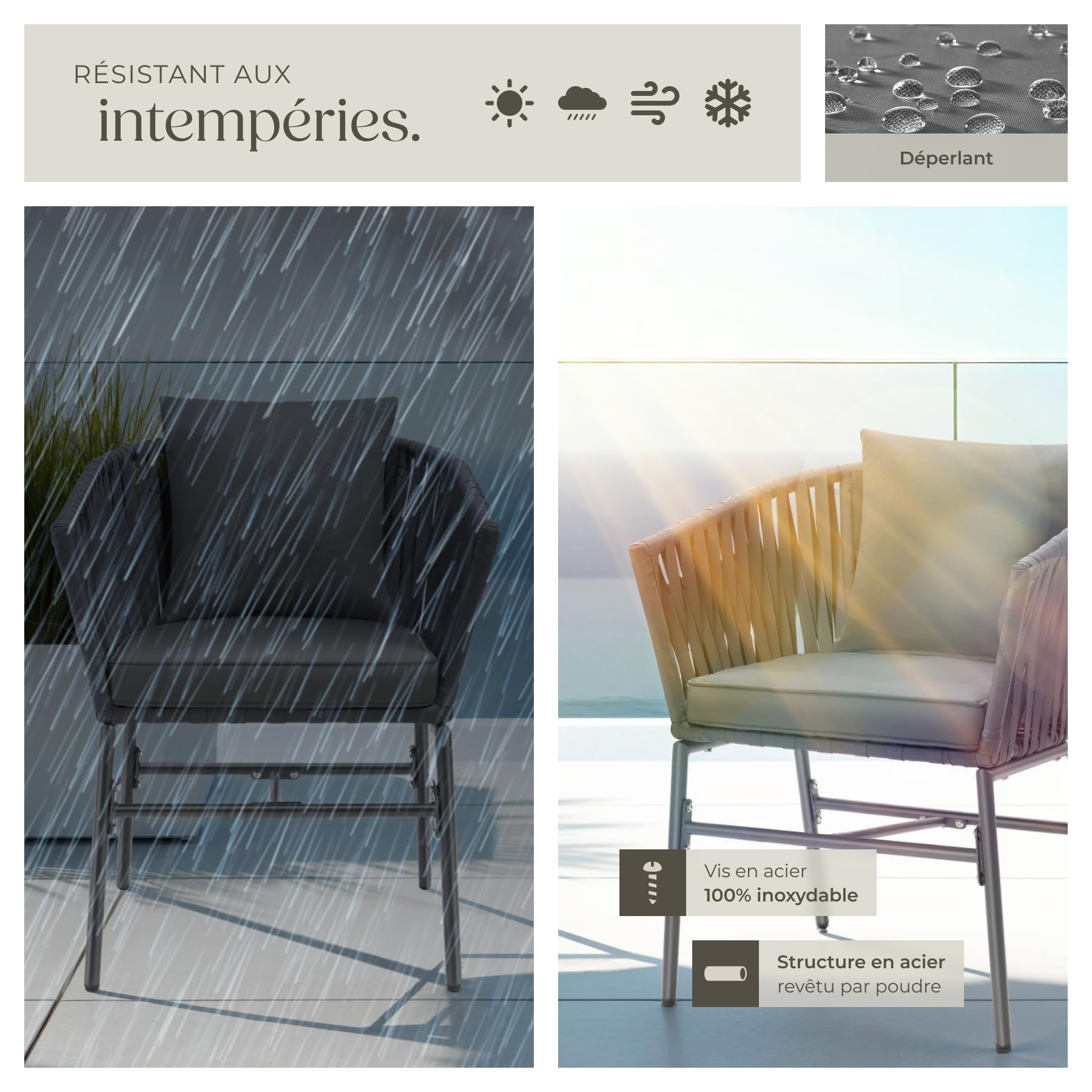 tectake® Lot de 2 Fauteuil Salon Chaise de Jardin avec Accoudoirs pour Salon de Jardin Exterieur ou Intérieur en Acier laqué époxy, Coussins Inclus Mobilier pour Amenagement Balcon Terrasse