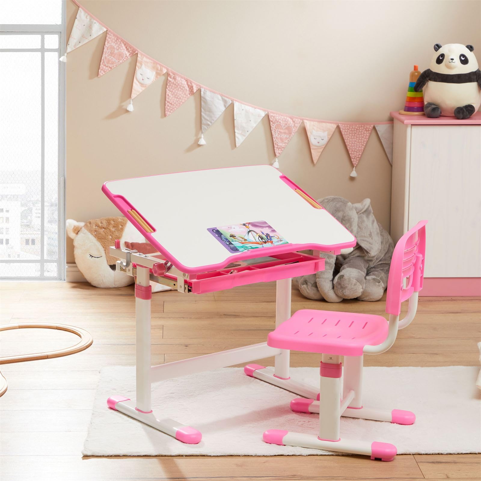 Kinderschreibtisch mit Stuhl TUTTO in weiß/rosa höhenverstellbar und neigbar mit Schublade und Stifterinne, Schreibtisch höhenverstellbar für Kinder, Tisch mit neigbarer Arbeitsfläche mit Rucksackhalt