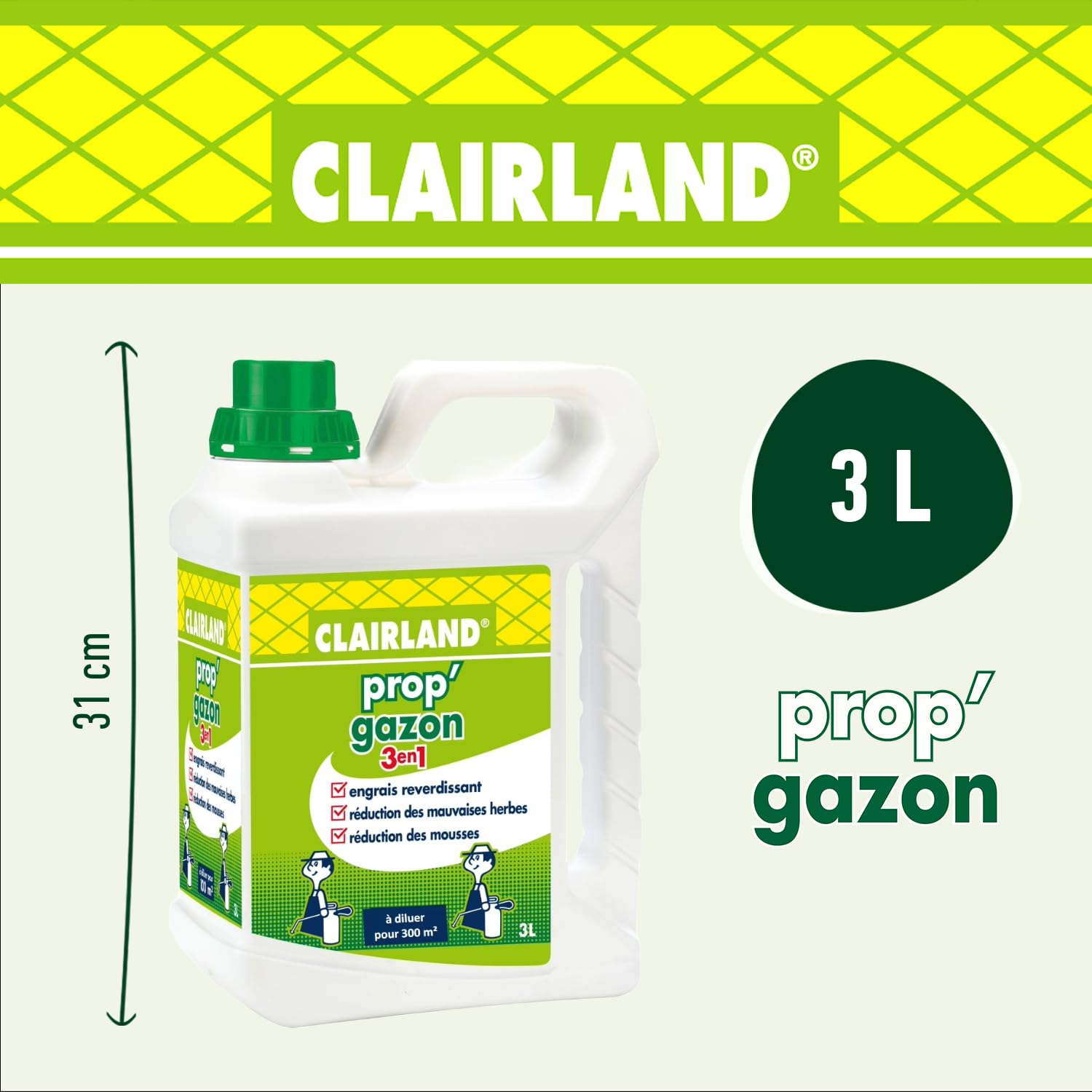 CLAIRLAND Engrais Prop'Gazon 3 en 1, A diluer, Pour 300 m², 3 L, CLAIRGAZ3000