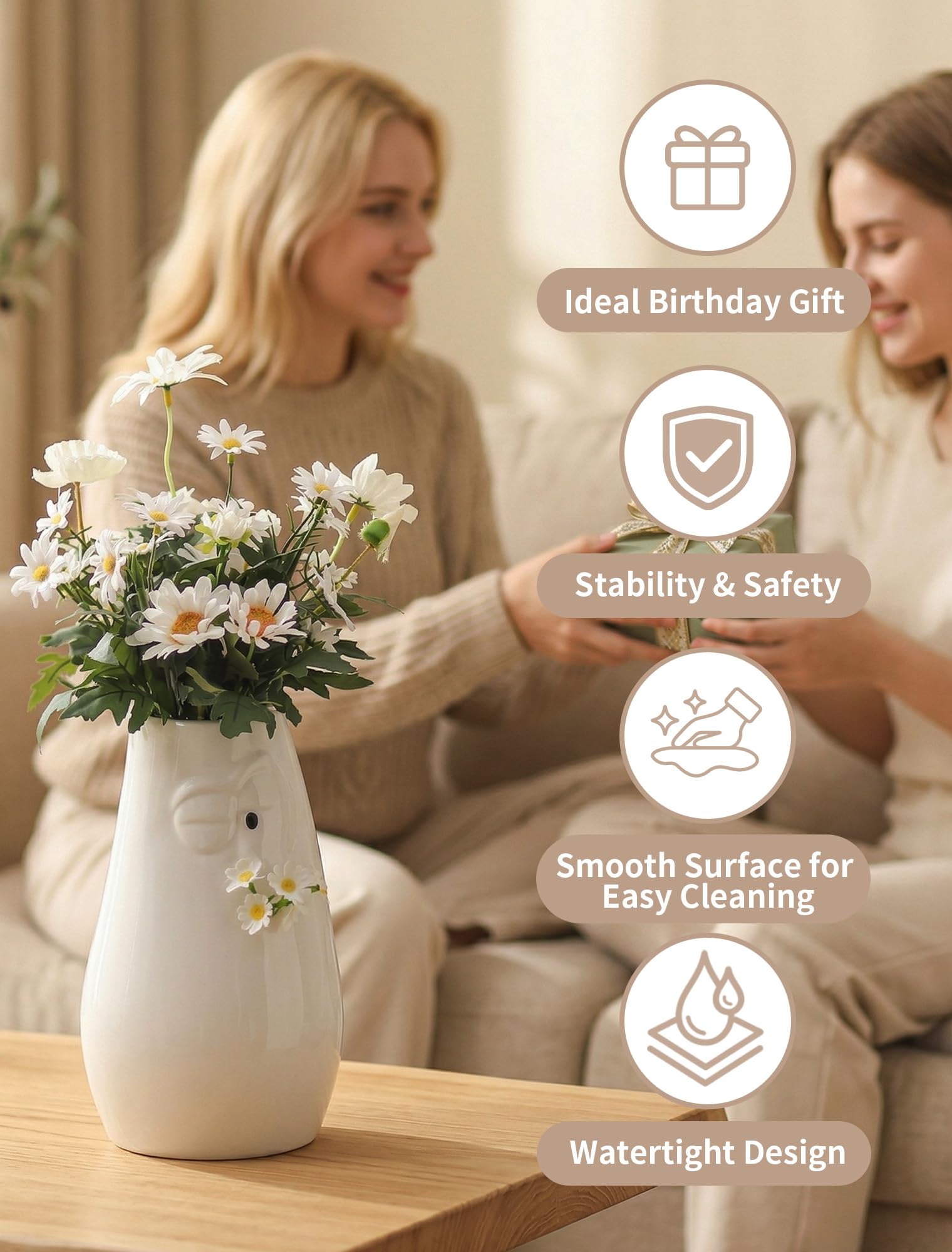 NUPTIO Vaso Bianco Regalo Compleanno: Ceramica Idea Fiori Vasi Decorativo Interno per Anniversario Natale - 24,5cm Altezza Moderno Centrotavola per Ufficio Camera Soggiorno Tavolo