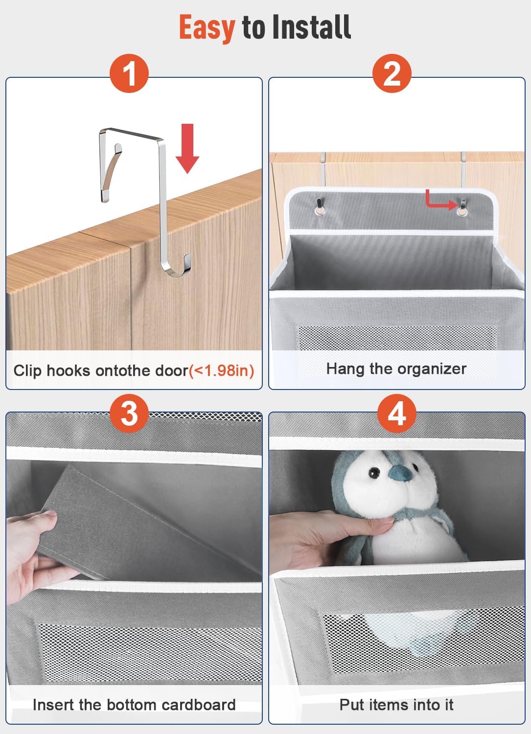 Over The Door Organizer Storage, 5 Shelf Hanging Door Organizer with 10 Large Capacity Pockets, Anti Tilt 44 lb Load Behind Door Storage for Bedroom, Bathroom, Pantry, Nursery, (Grey) - Image 8