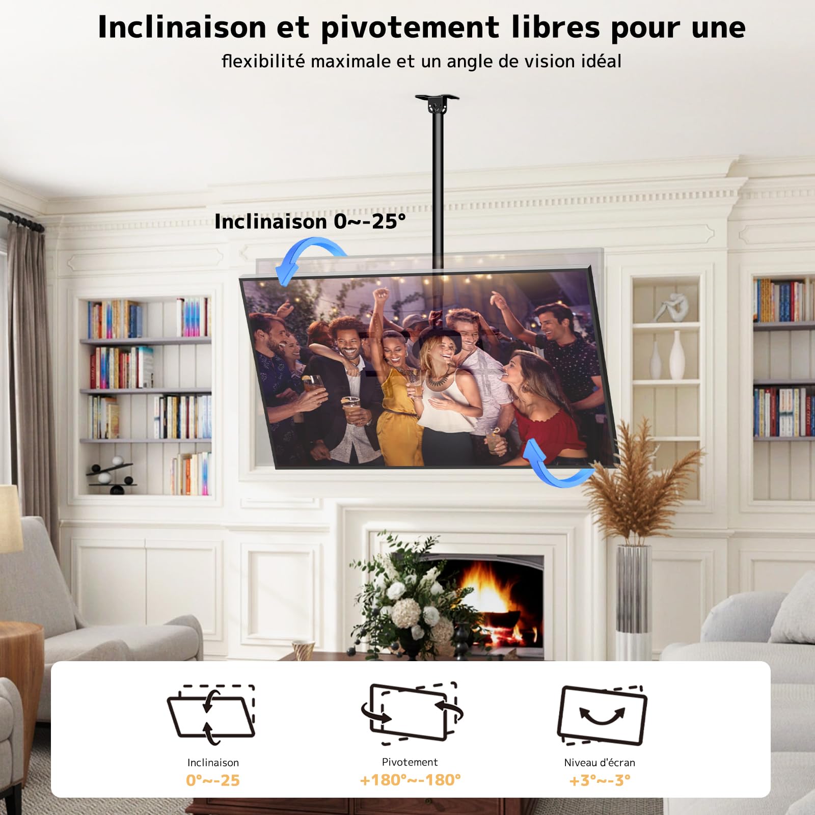 Support Plafond TV pour Télés 43-86" Jusqu'à 60kg, 360° Pivotant et -25° Inclinable, Nivellement ±3°, VESA Max 600x400, Compatible Plafonds Plats/Inclinés, Écrans Courbes