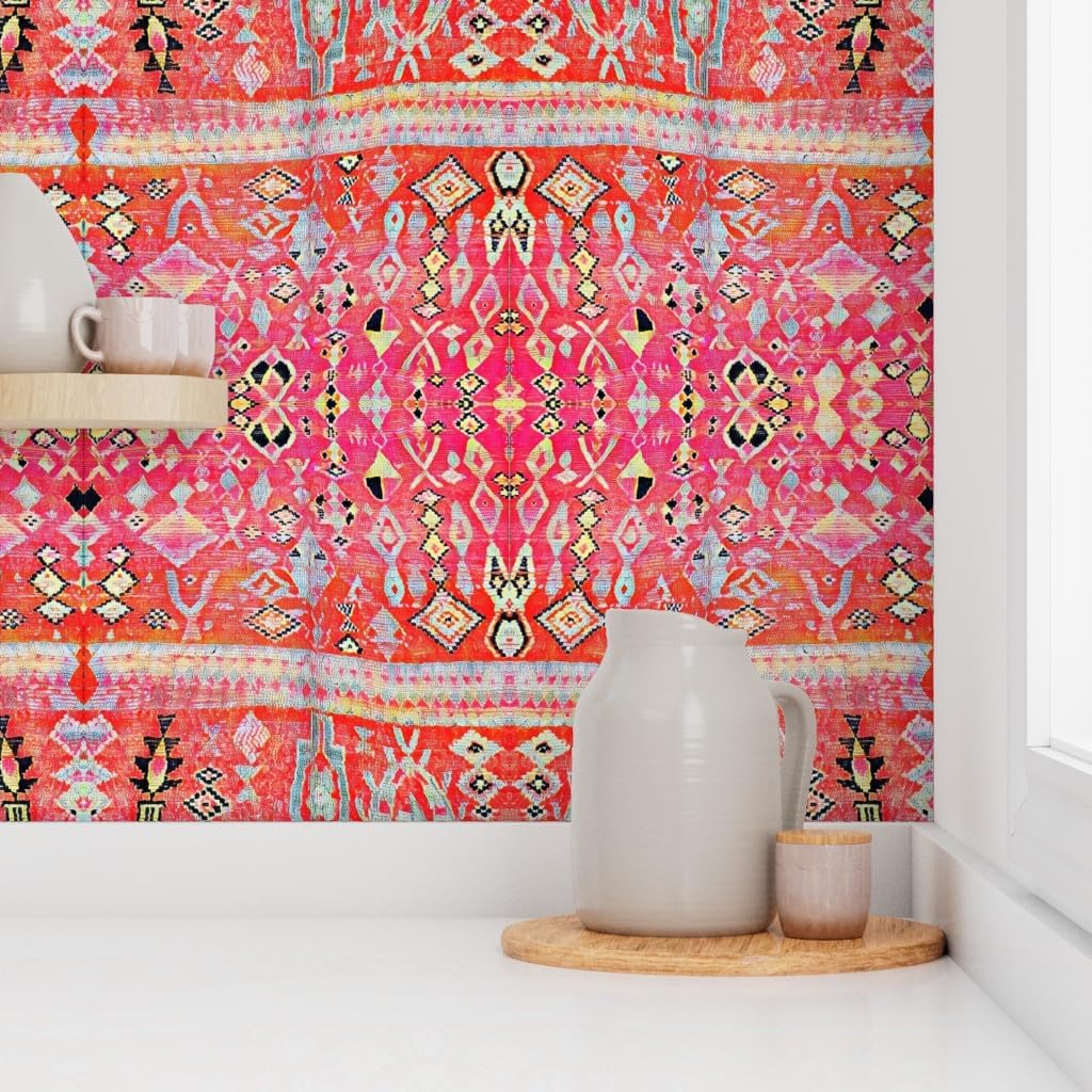Peel & Stick Wallpaper 3ft x 2ft - Tropical Orange Pink Moroccan Style Turkish Inspired Kilim Boho Sunset Custom Removable Wallpaper by Spoonflower