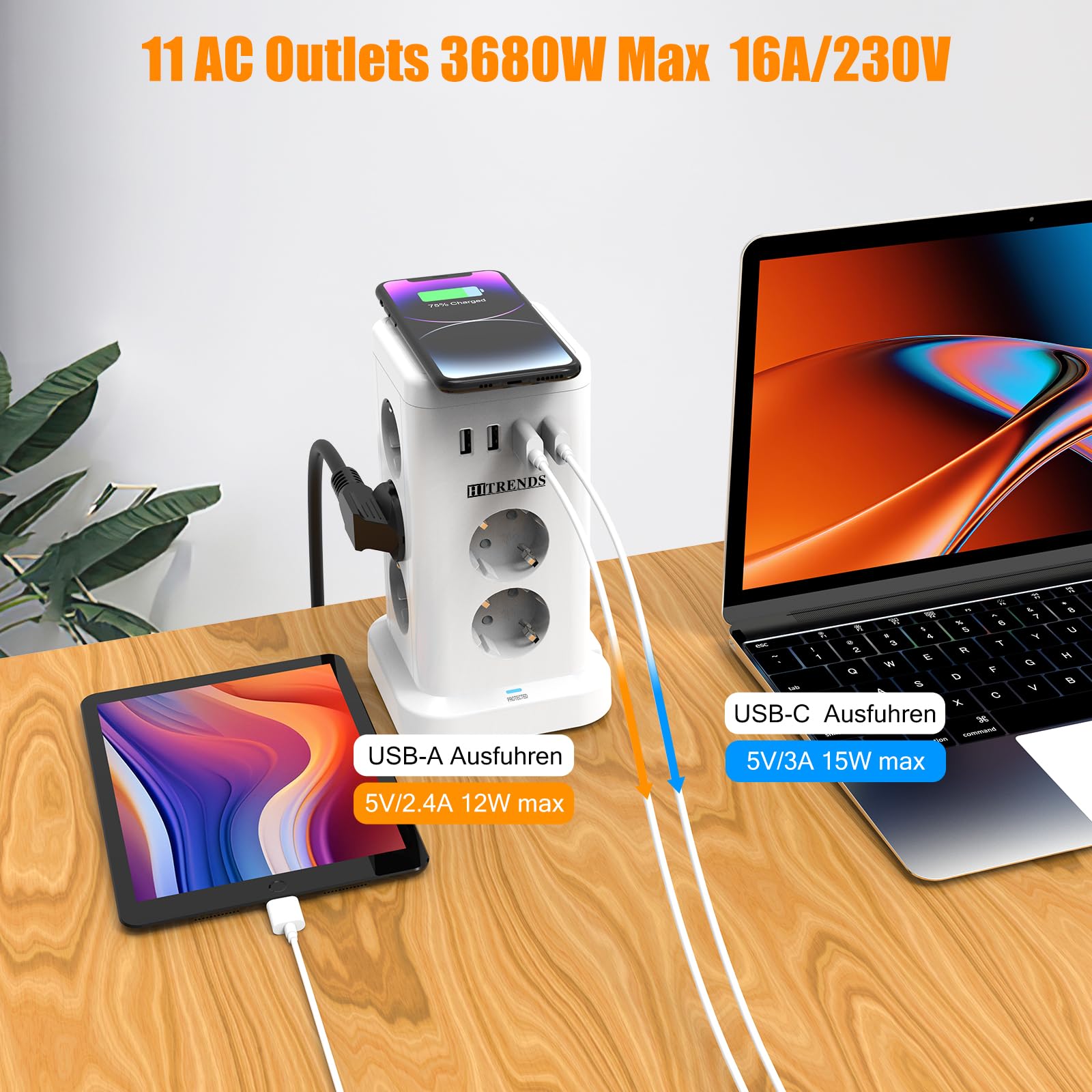 Presa multipla con caricatore wireless da 15 W e 11 connettori (Schuko + USB) Protezione da sovratensione, commutabile, cavo di prolunga 2 m, bianco, cucina/ufficio
