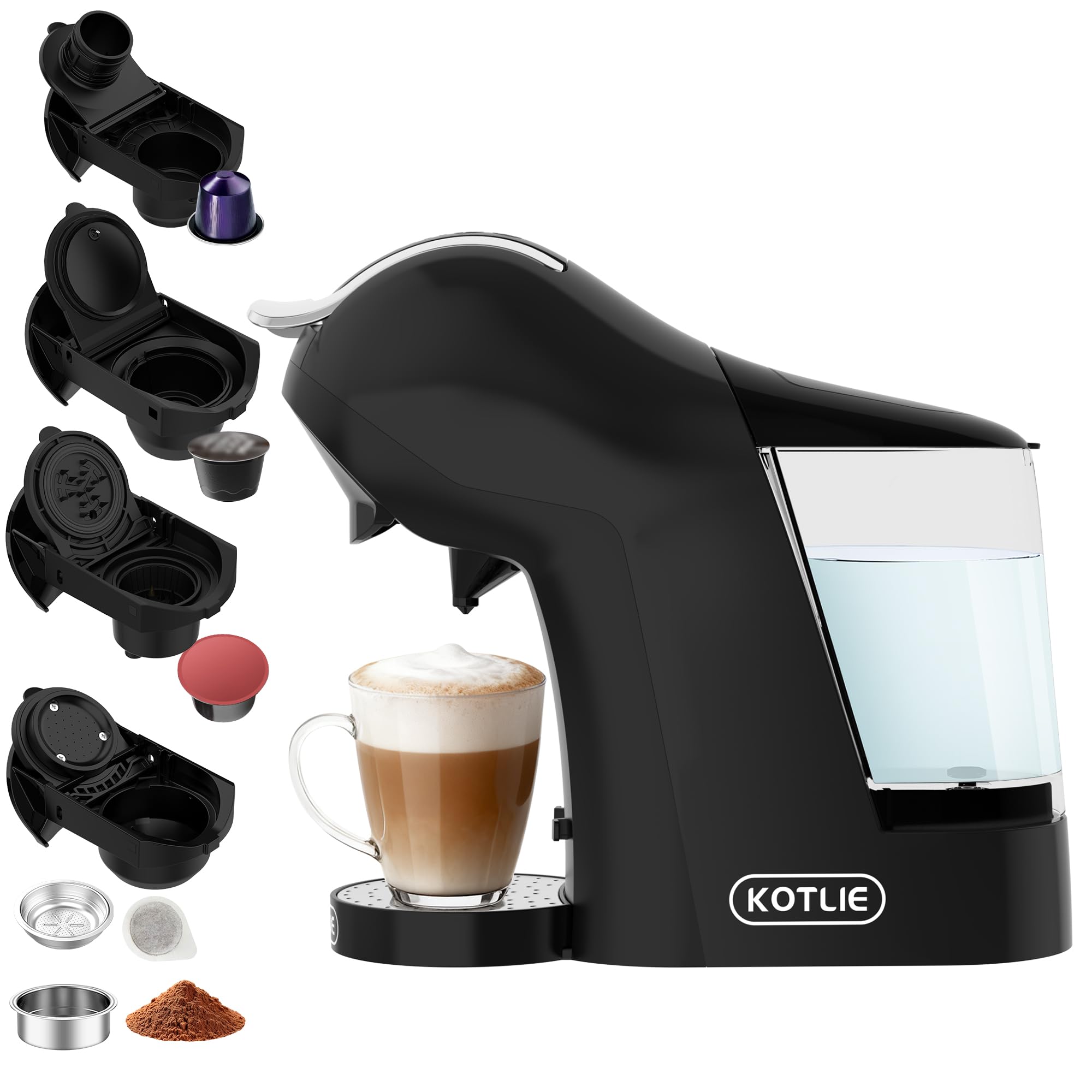 KOTLIE 308B Kapselkaffeemaschine, für NES/DG/MIO/Pulver & ESE(44mm),Schwarz | Kompatibel mit NES Original/DG*/Mio* Kapseln, Pulver & ESE(44mm). 3 Temperaturen, 7 Wassermengen.