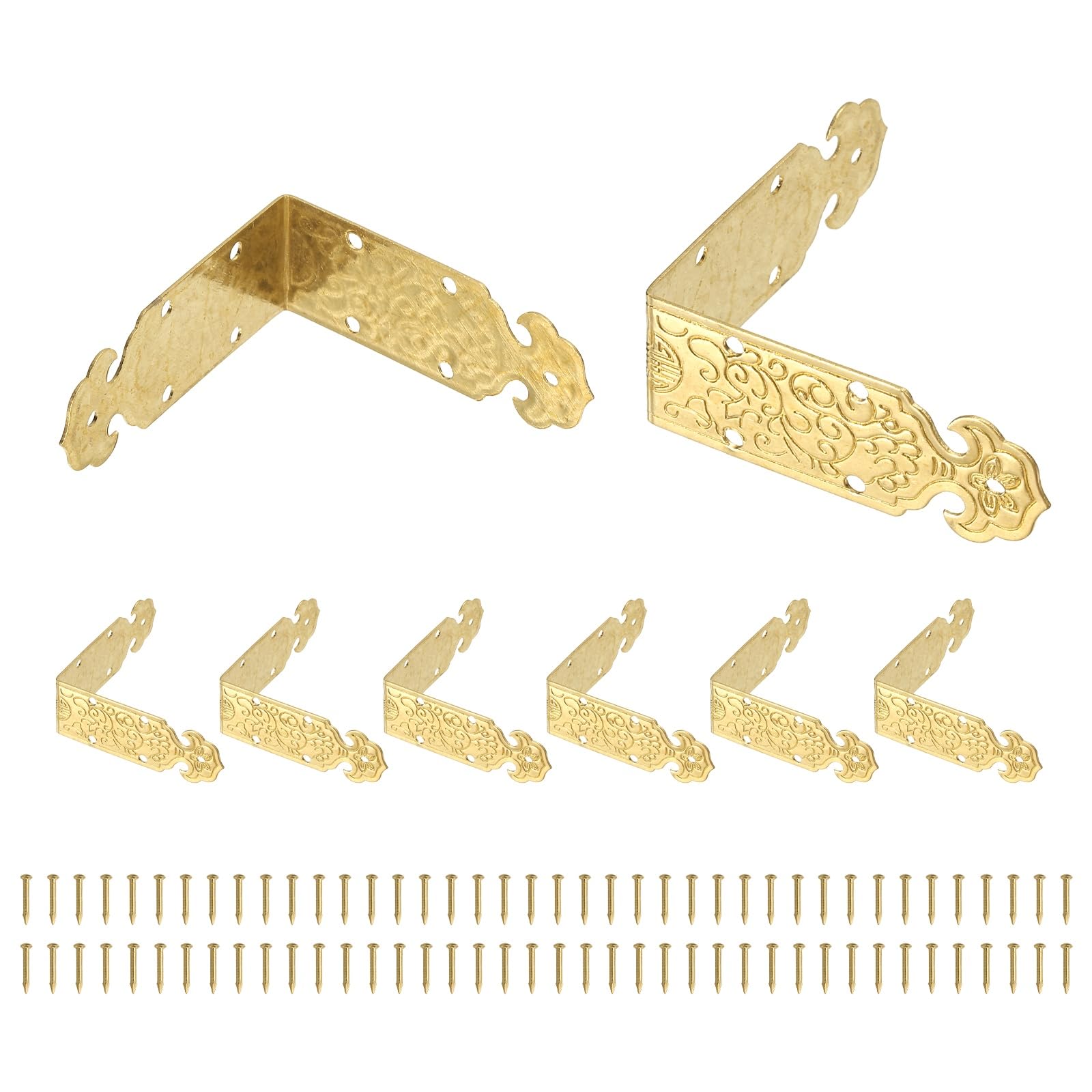 sourcing map 8 Pcs L Shaped Vintage Corner Protectors, 40 x 15 mm Decorative Guards, Protector Corner Braces with 80Pcs Nails for Cabinets Furniture Wooden Boxes, Brass