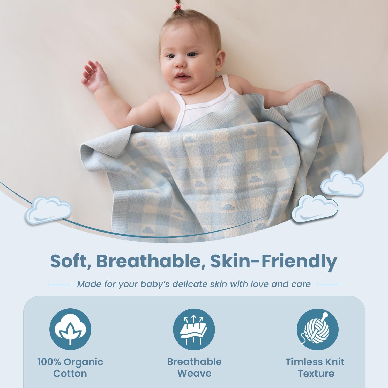 Gender-Neutral Organic Cotton Baby Blanket 30x40 in, Blue Cloud – GOTS Certified, Checkered Design, Soft Knit Swaddle for Newborns, with Gift Box, Machine Washable