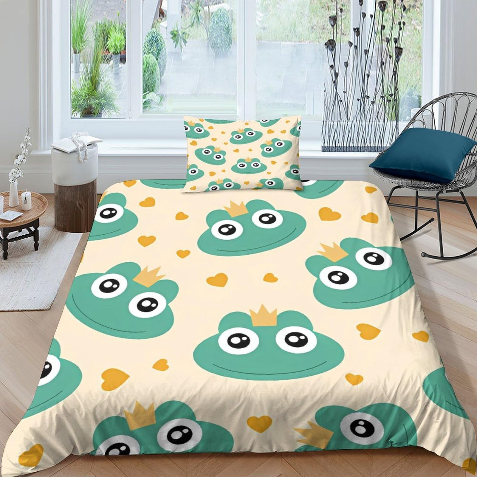 Housse de couette Prince Grenouille anti-plis avec fermeture à glissière lit single