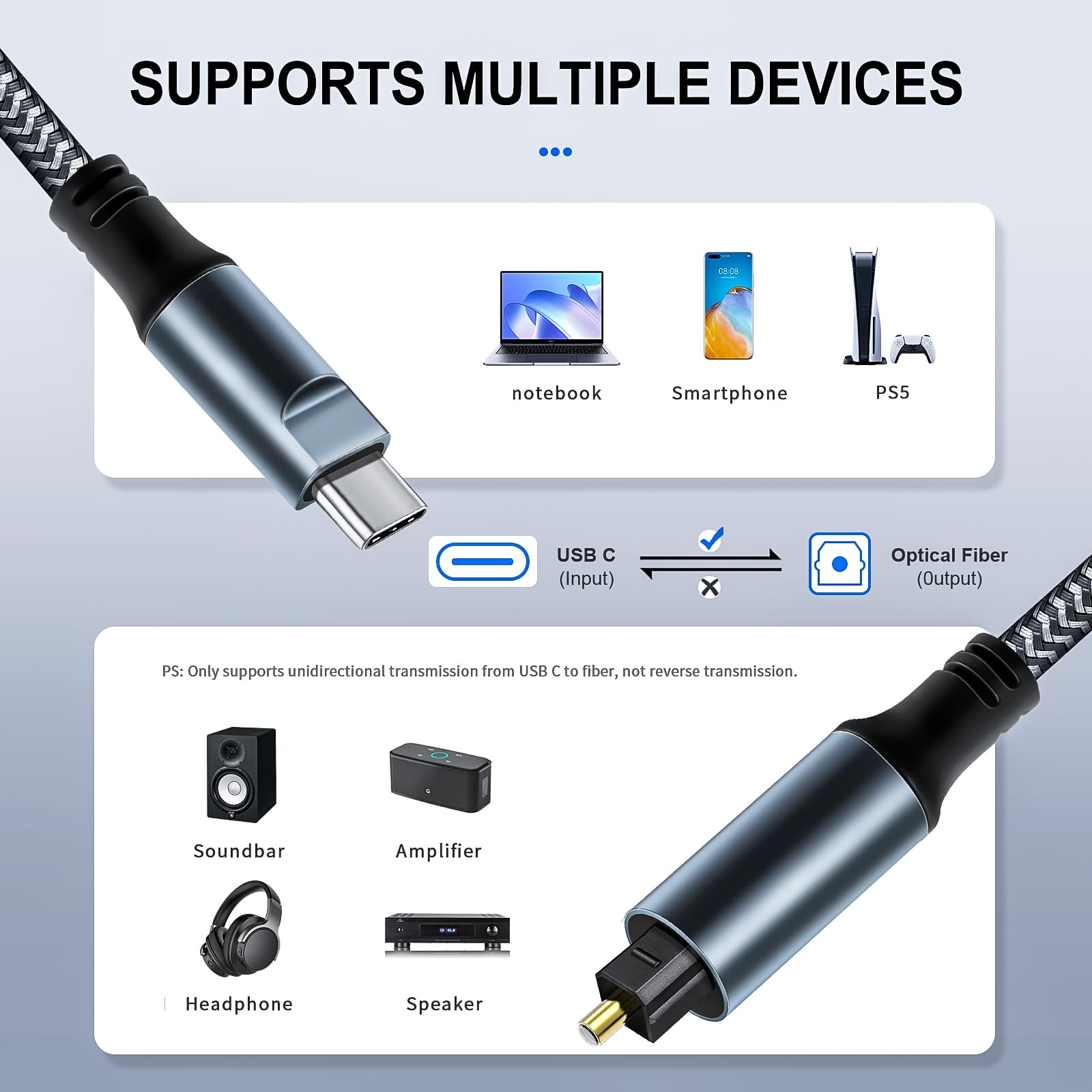 Kumiho Cable de audio USB C a óptico trenzado de 6 pies, unidireccional, USB C a Toslink óptico para TV/barra de sonido, Sony PS5, altavoces y sistemas de cine en casa