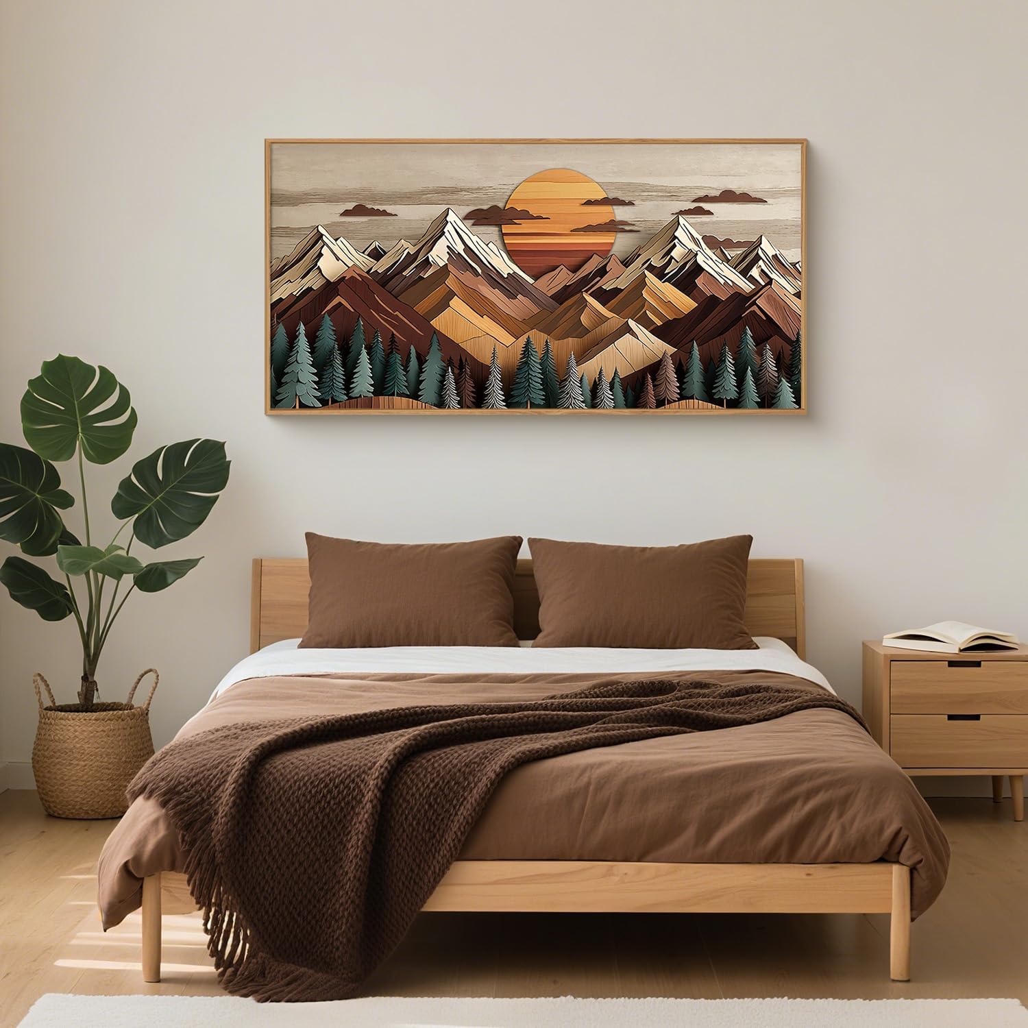 KAIRNE Woodcut Style Mountain Framed Canvas Wall Art Set,Wooden Pine Tree Wall Decor,Vintage Forest Landscape Art Prints,Nature Sunrise Artwork for Living Room,Bedroom,Farmhouse,Office-40 x20 x1