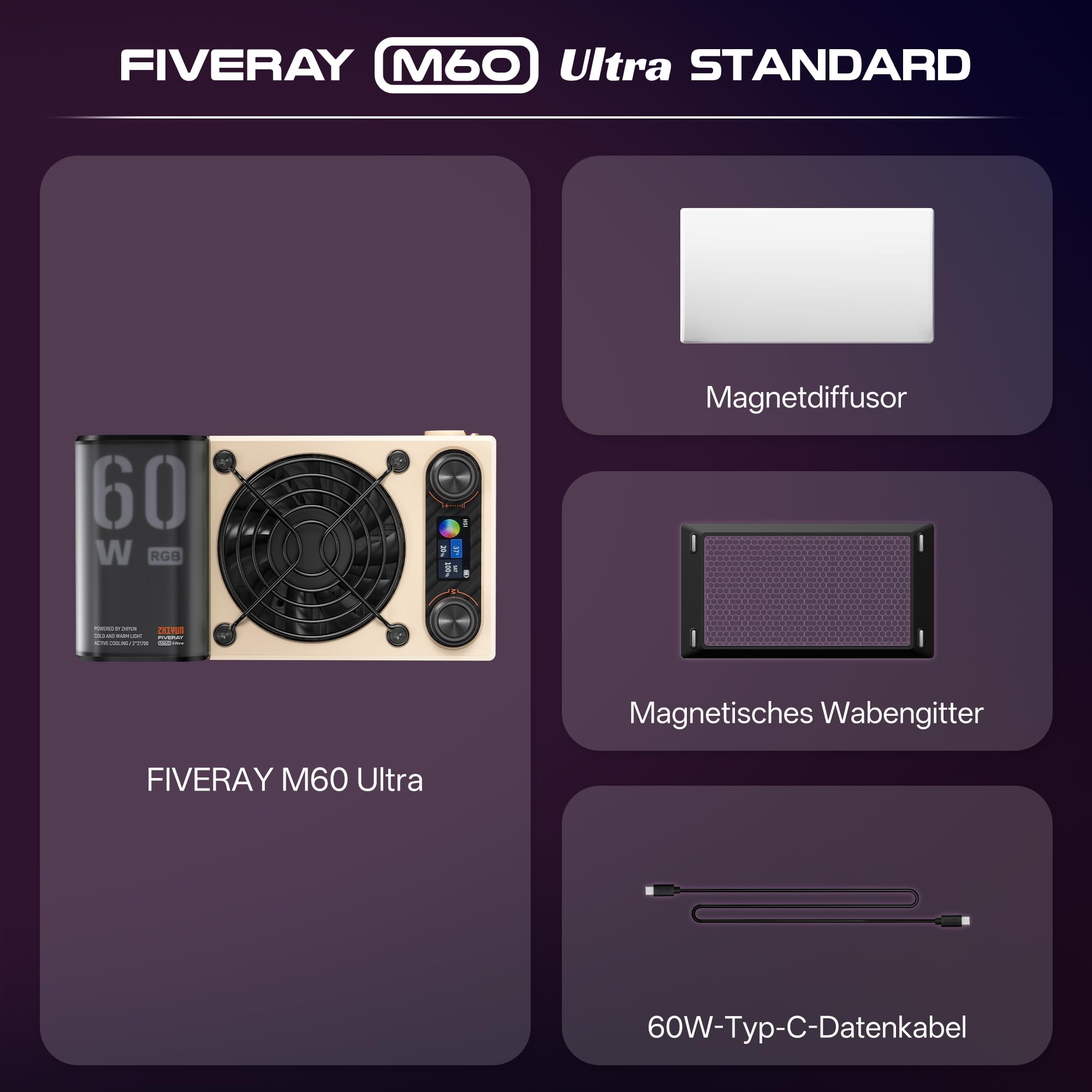 ZHIYUN FIVERAY M60 Ultra [Offiziell]60W RGB Videoleuchte mit Cold Shoe,430g | Magnetische Befestigung, App Steuerung&Herr-Sklave, Kamera Licht für DSLR Kamera/TikTok Live/YouTube/Vlogs, 2500K~10000K