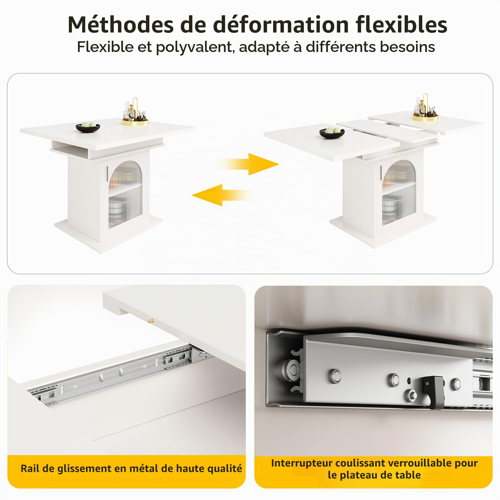 Zepneiy Table à Manger escamotable (140 x 80 x 76 cm) avec Rangement, Table de Cuisine Peu encombrante, Table à Manger avec Porte en Verre Transparent, Blanc