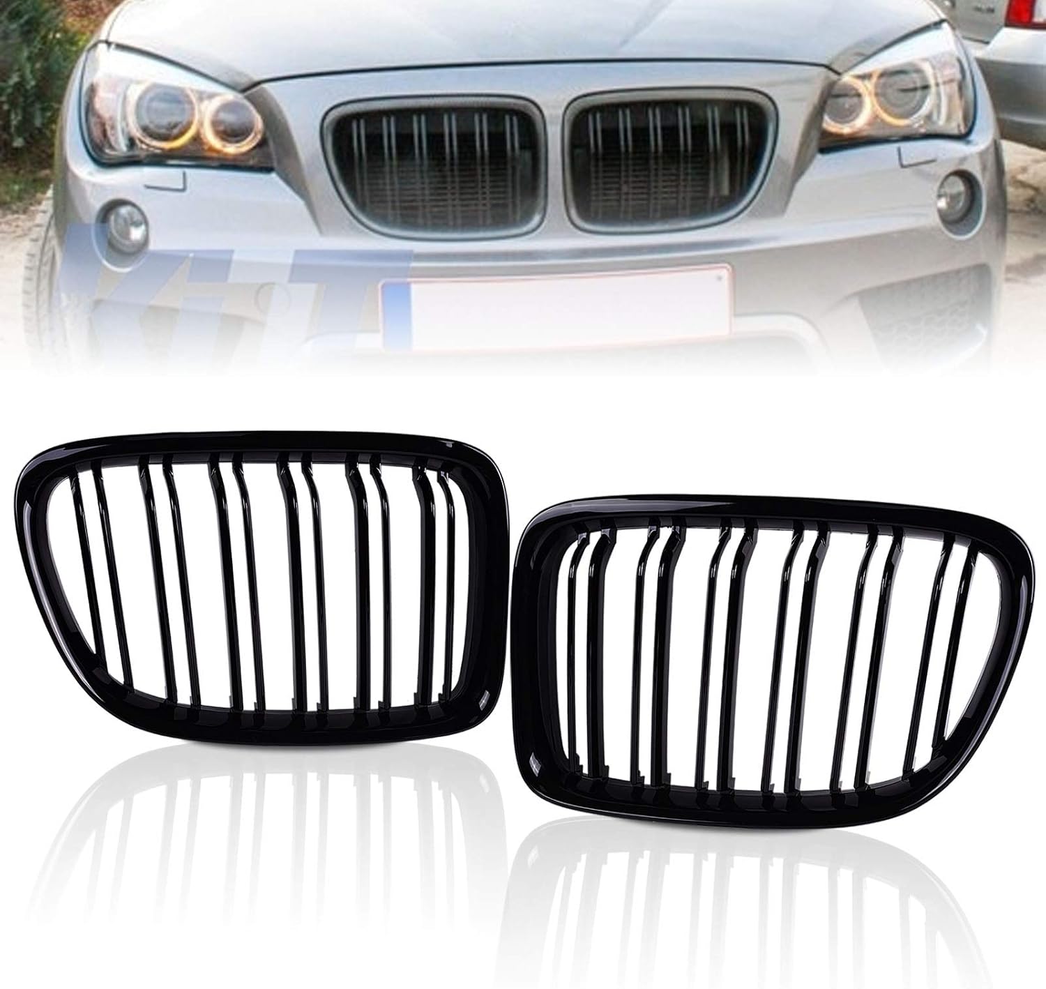 runmade Glossy Black Front Hood Kidney Grille Sport Grill Replacement Dual Slat Compatible with BMW E84 X1 4-Door 2009-2015