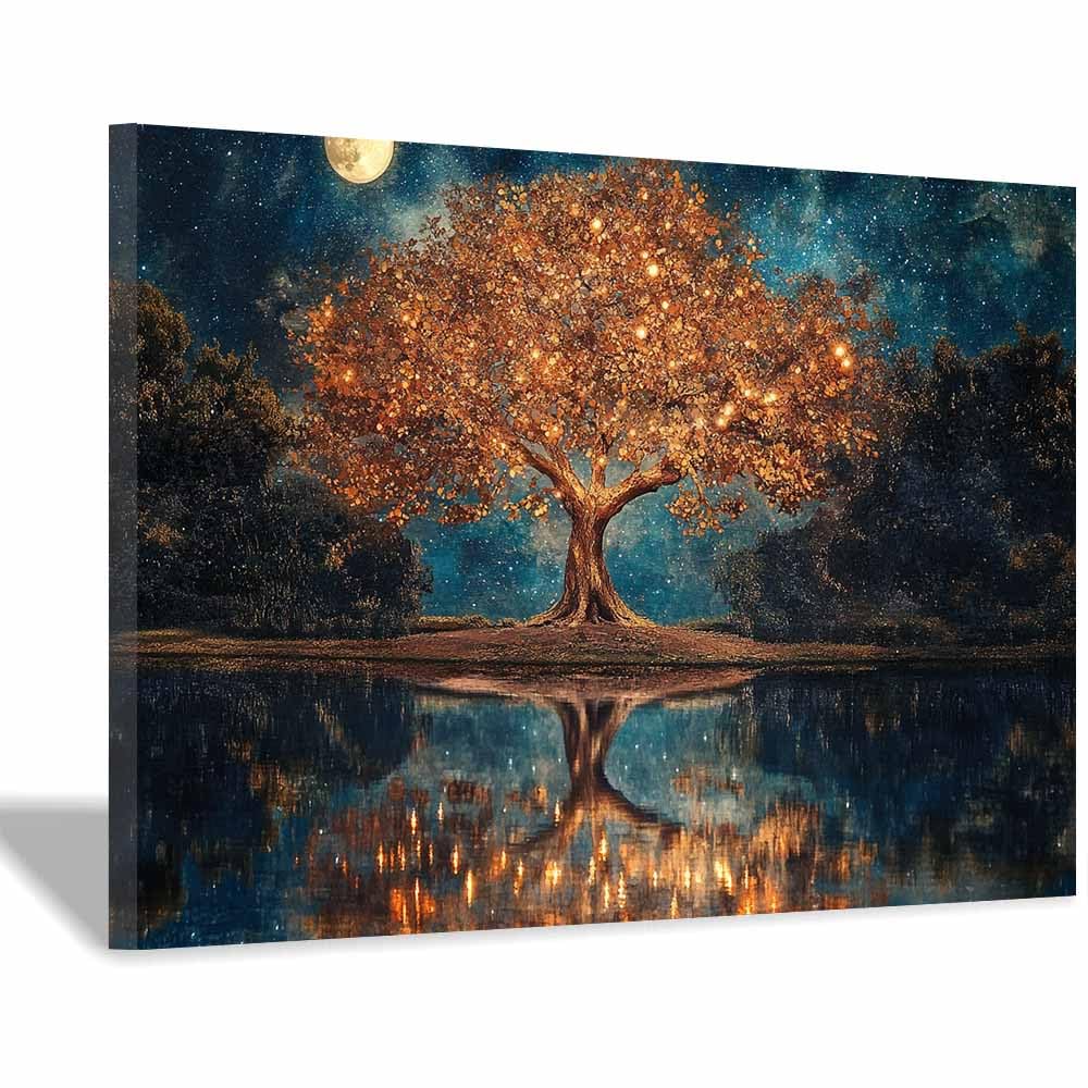 ZAMAEIU Tree of Life Painting Abstract Moon-Reflected Tree Panoramic Canvas Prints Pictures for Living Room Bedroom Home Office Wall Decoration(multicolored)-30x50cm Framed