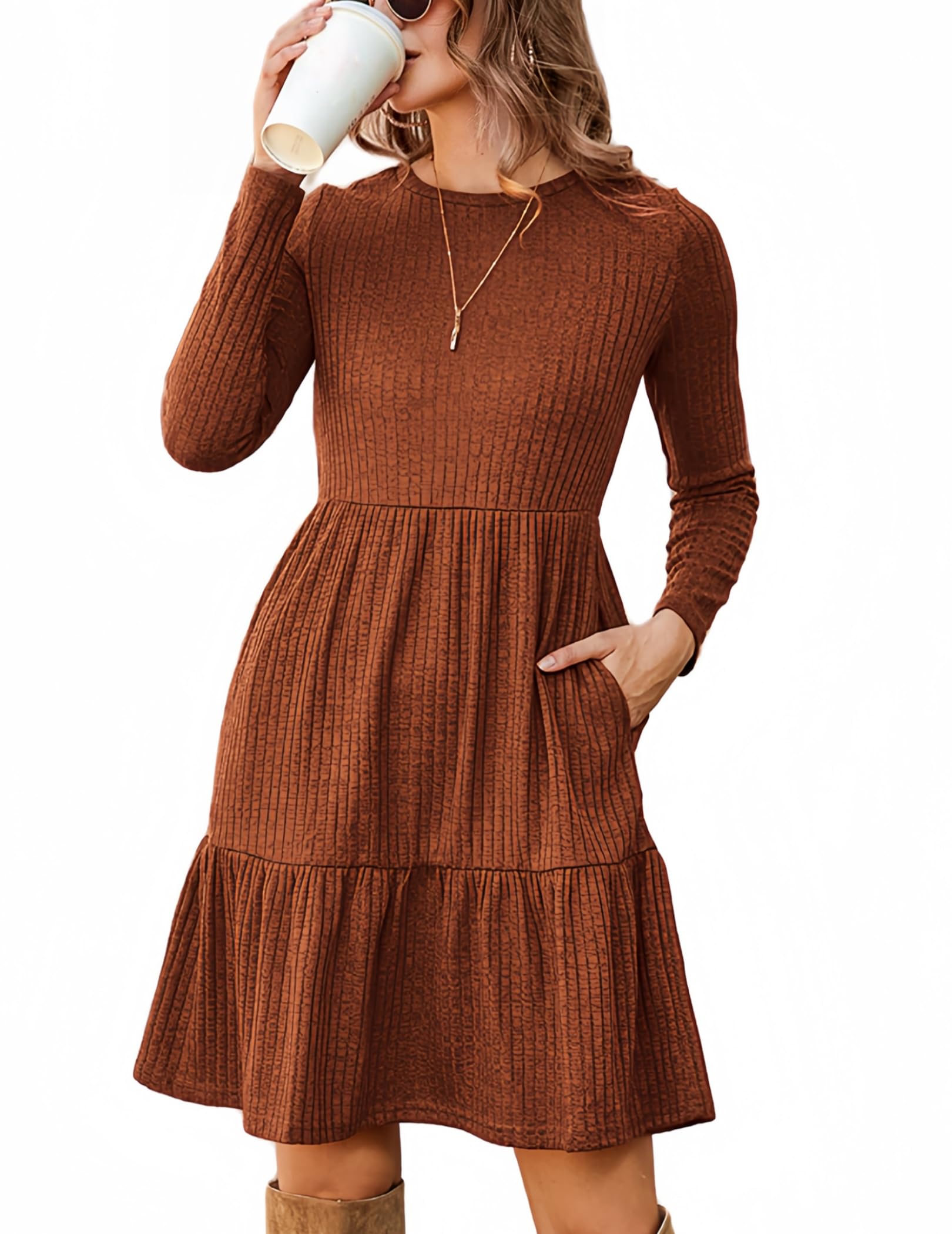 Zeagoo Damen Kleider Langarm Rundhals Herbstkleid mit Taschen Elegant Knielang Kleid Winter Frühling