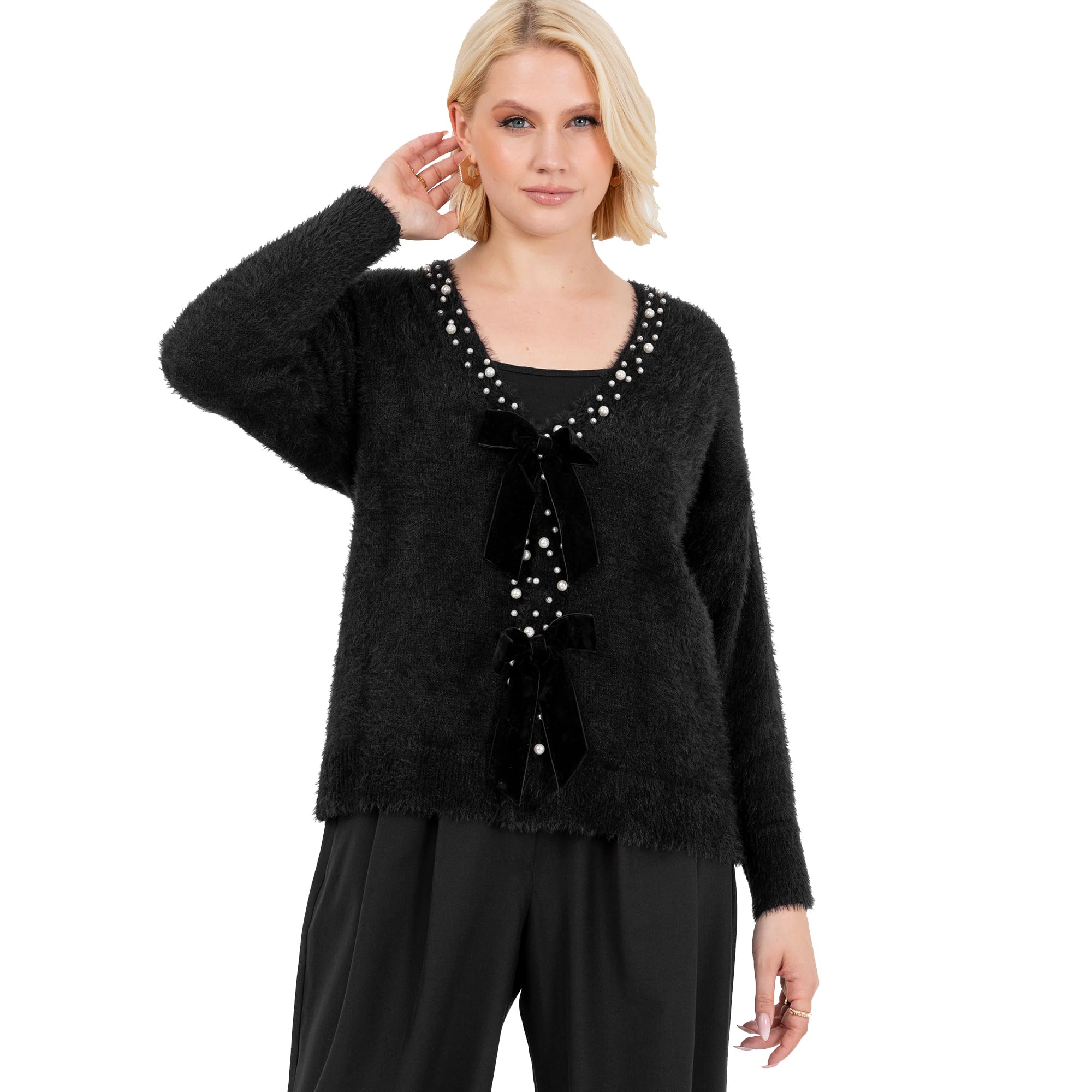 Lovedrobe Black Velvet Bow Cardigan - Women's Size 20-22