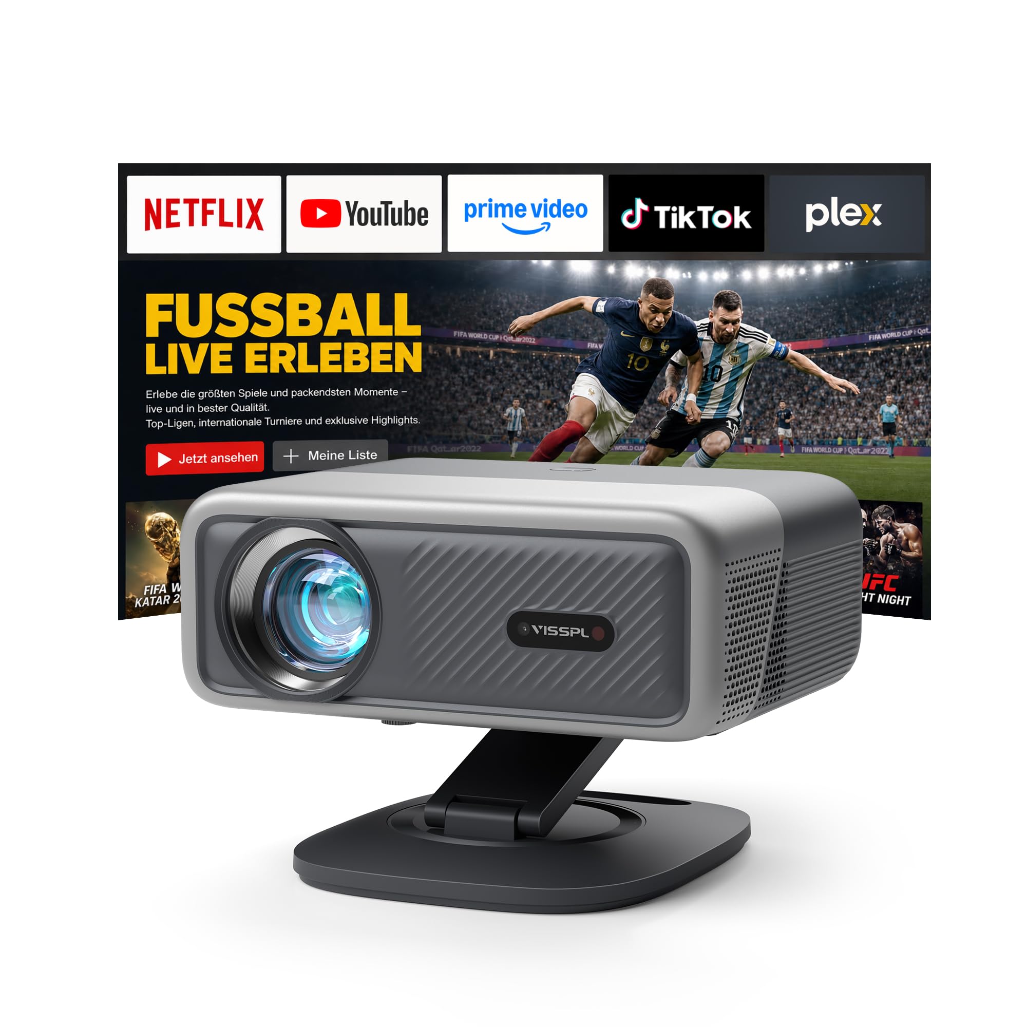 Smart Beamer 4K 【Offiziell APPs & Dolby Audio】3500 ANSI Video Projektor, Autofokus&Trapezkorrektur, VISSPL 1080P Full HD WiFi6 Bluetooth Heimkino/Outdoor Beamer mit 360°-Halter, für Handy/PC(Schwarz)