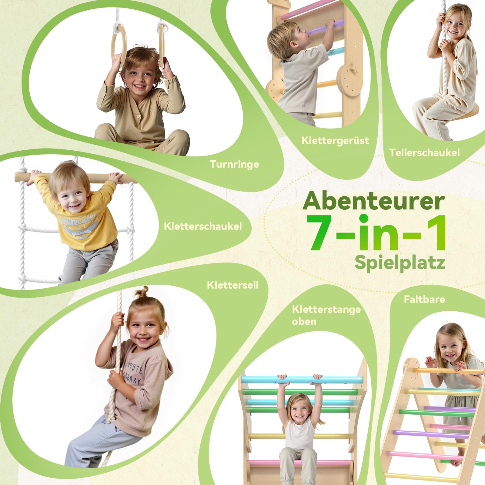 Struttura da arrampicata 6 in 1 con parete da arrampicata, altalena e anelli, set in legno per abilità motorie e divertimento al chiuso