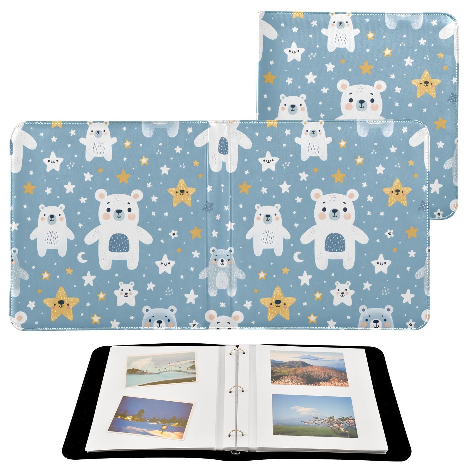 JIPONI Cute Bear Star Isolate Large Photo Album, DIY Leather Cover Scrapbook Albums for 4x6 5x7 6x8 Pictures, Self Adhesive Memory Book for Wedding, Baby, Family