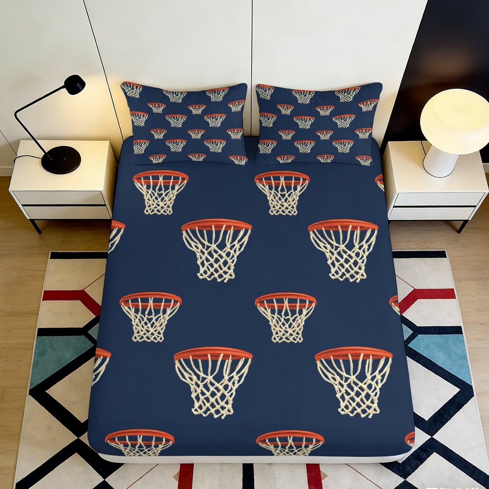 3D Printed Basketball Hoop Fitted Sheet Microfiber Soft Breathable Sports Pattern Bed Cover for Bedroom Dormitory Guest Room Mattress Protection 120x200x25cm