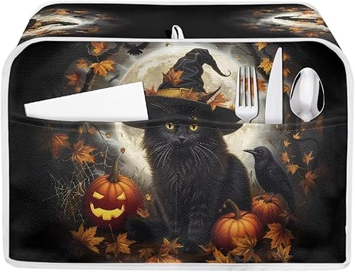 Miniatura 36 de Fundas para tostadora de gato negro de 2 rebanadas de ranura larga, lavable, cubierta de polvo de calabaza para pan, cubierta de Halloween