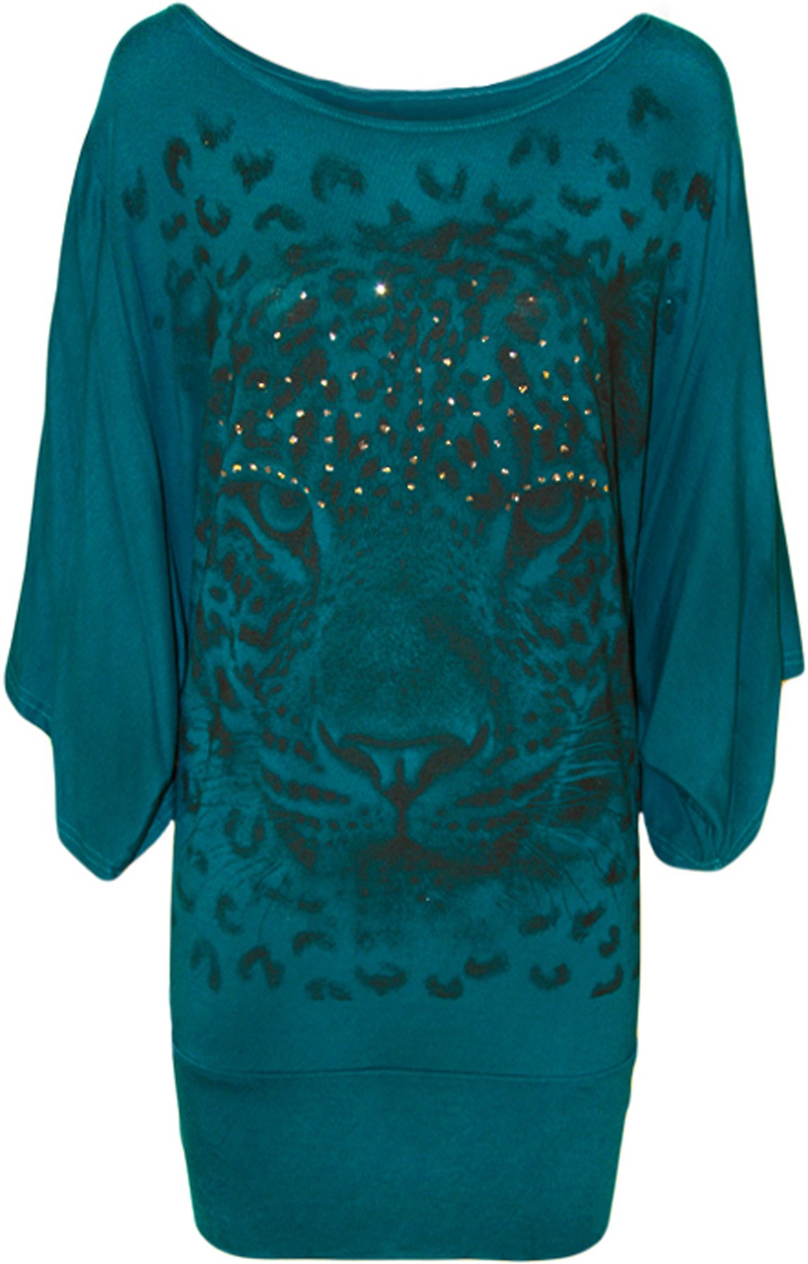 Wearall Women's Teal Tiger Print Glitter Batwing Top - 18