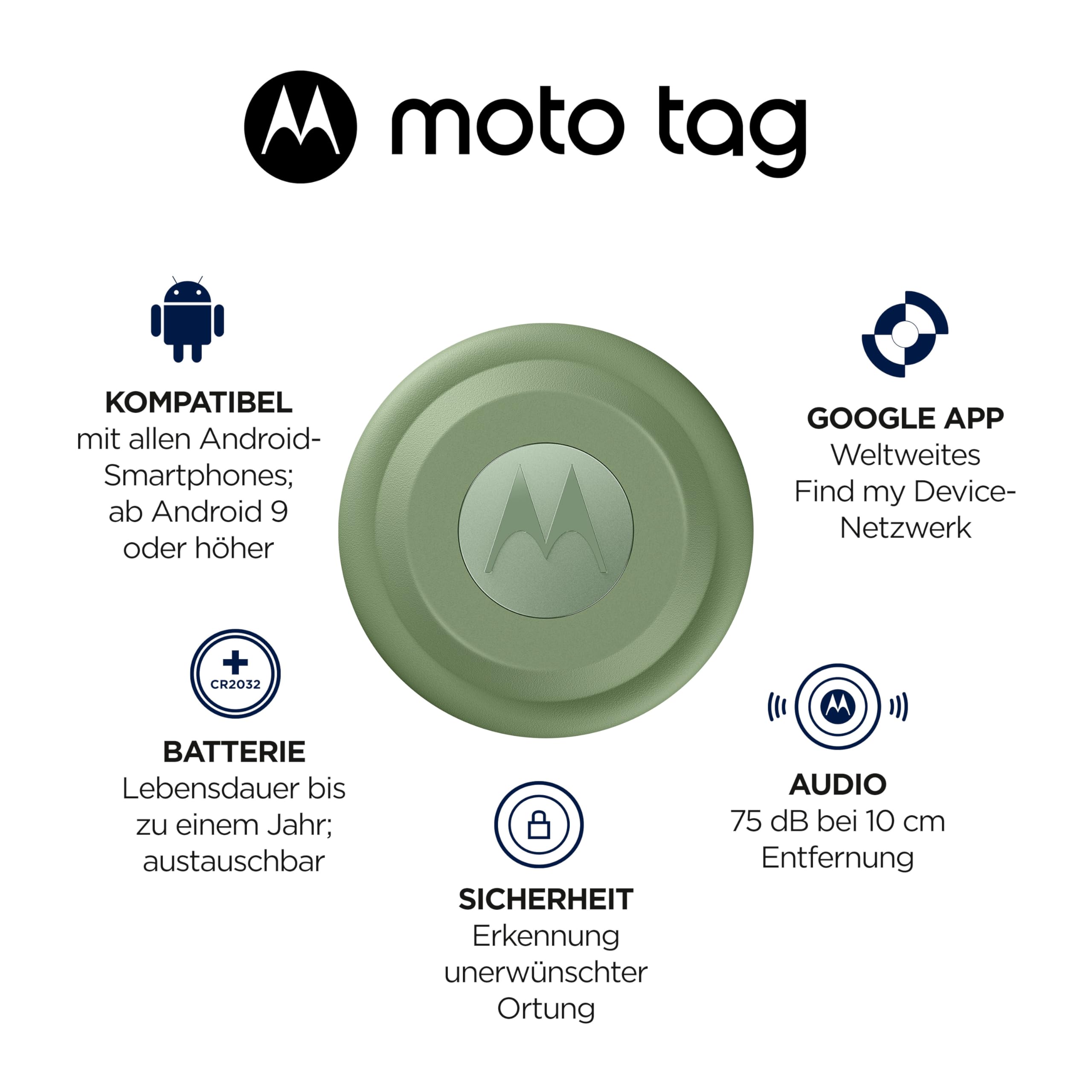 Motorola Moto Tag – Smart Tracker, 1er Pack (Android- und iOS-kompatible, Bluetooth 5.4, IP67 Wasserschutz, USB-C, Finder für Schlüssel, Gepäckstücke und vieles mehr), Jade Grün