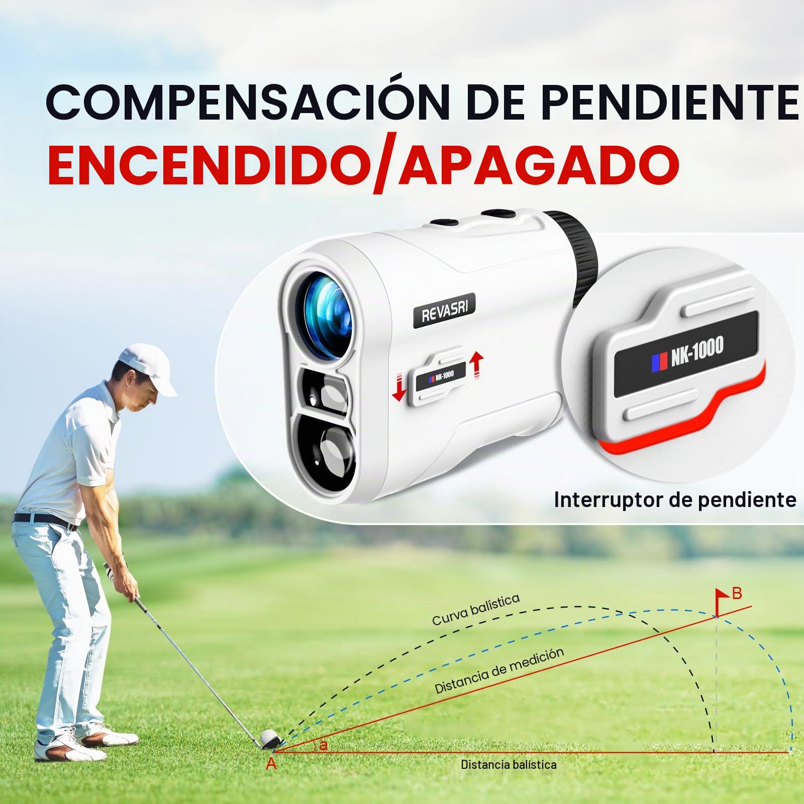 REVASRI Telémetro de golf con vibración de pendiente y bloqueo de pin, interruptor de pendiente externo para torneos de golf legal, telémetros con batería recargable de 600/1000 yardas