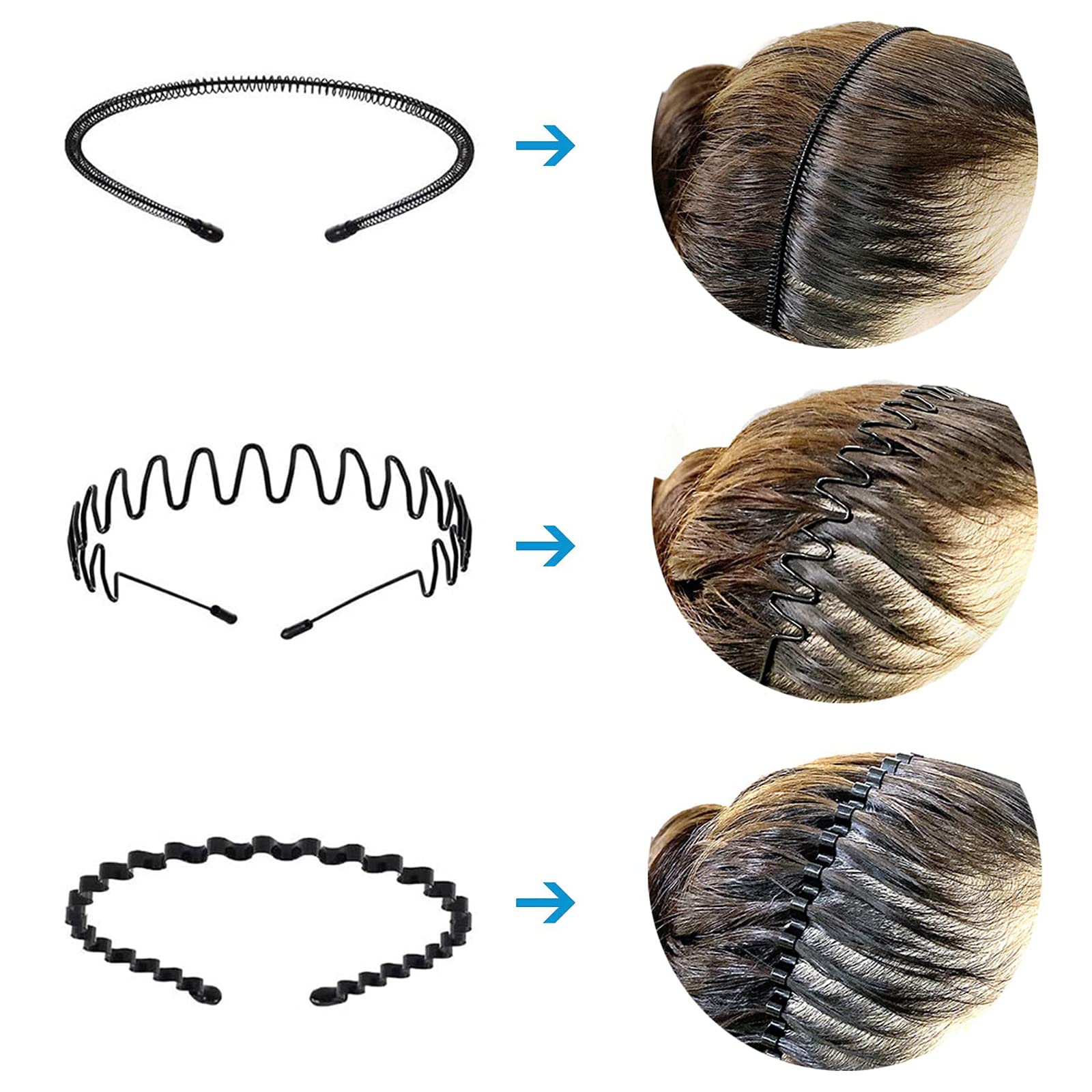 Cerchietti In Metallo Unisex, Confezione Da 8 - Fasce Per Capelli Ondulate Per Sport, Fitness, Trucco - Regolabili + 10 Elastici
