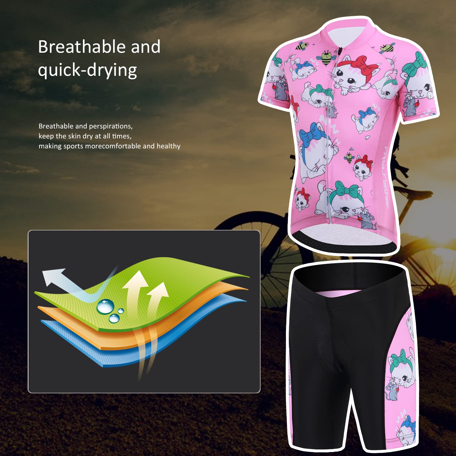 Kinder Radtrikot Set Jungen Mädchen Fahrrad Trikot Schnell Trocknend Kurzarmtrikot Atmungsaktiv Radsport Anzüge Kurzarm +Kurz Radhose mit 3D Sitzpolster