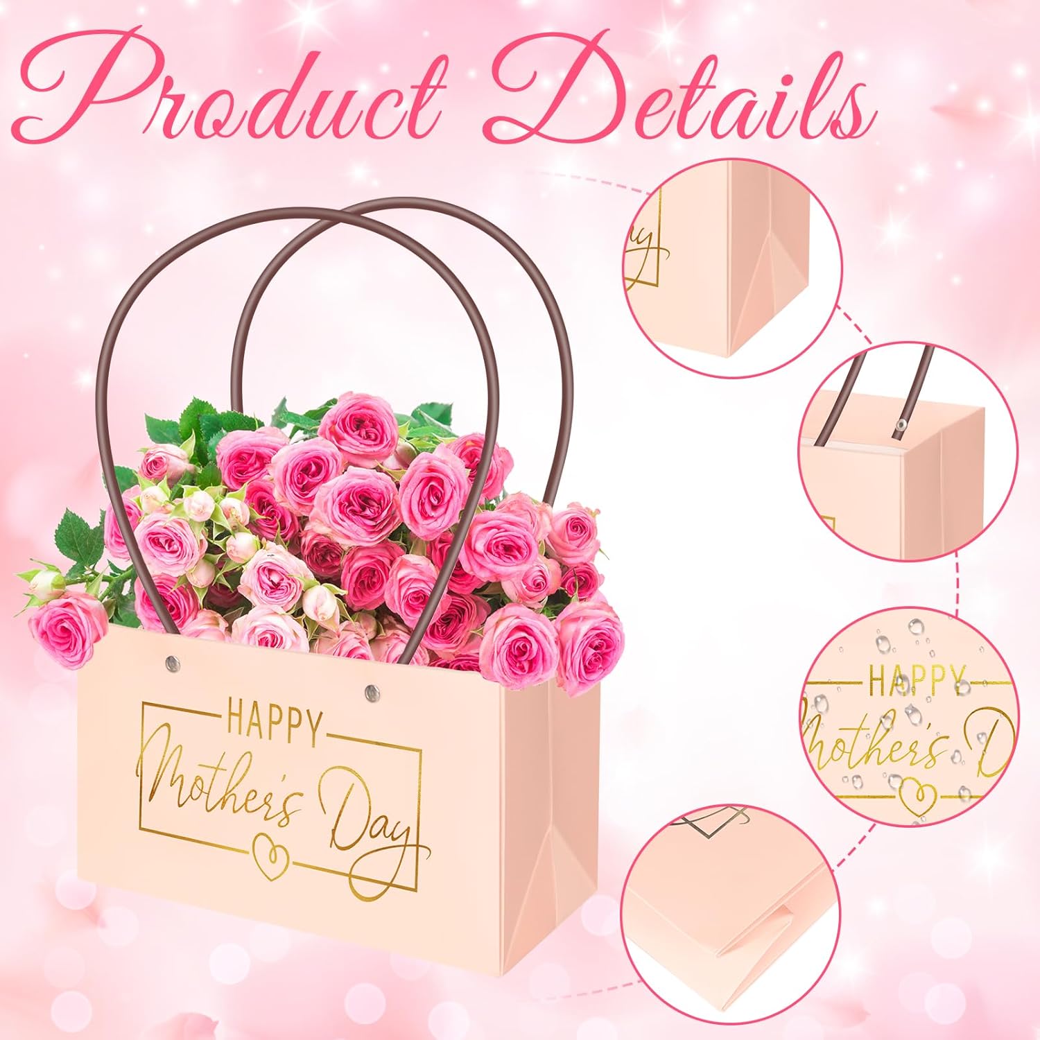 Demonwer 30 Pcs Pink Flower Gift Bags Kraft Paper Flower Gift Box Rectangle Flower Box Waterproof Bouquet Box with Handles Florist Supplies for Mothers Day Wedding Anniversary Birthday Graduation