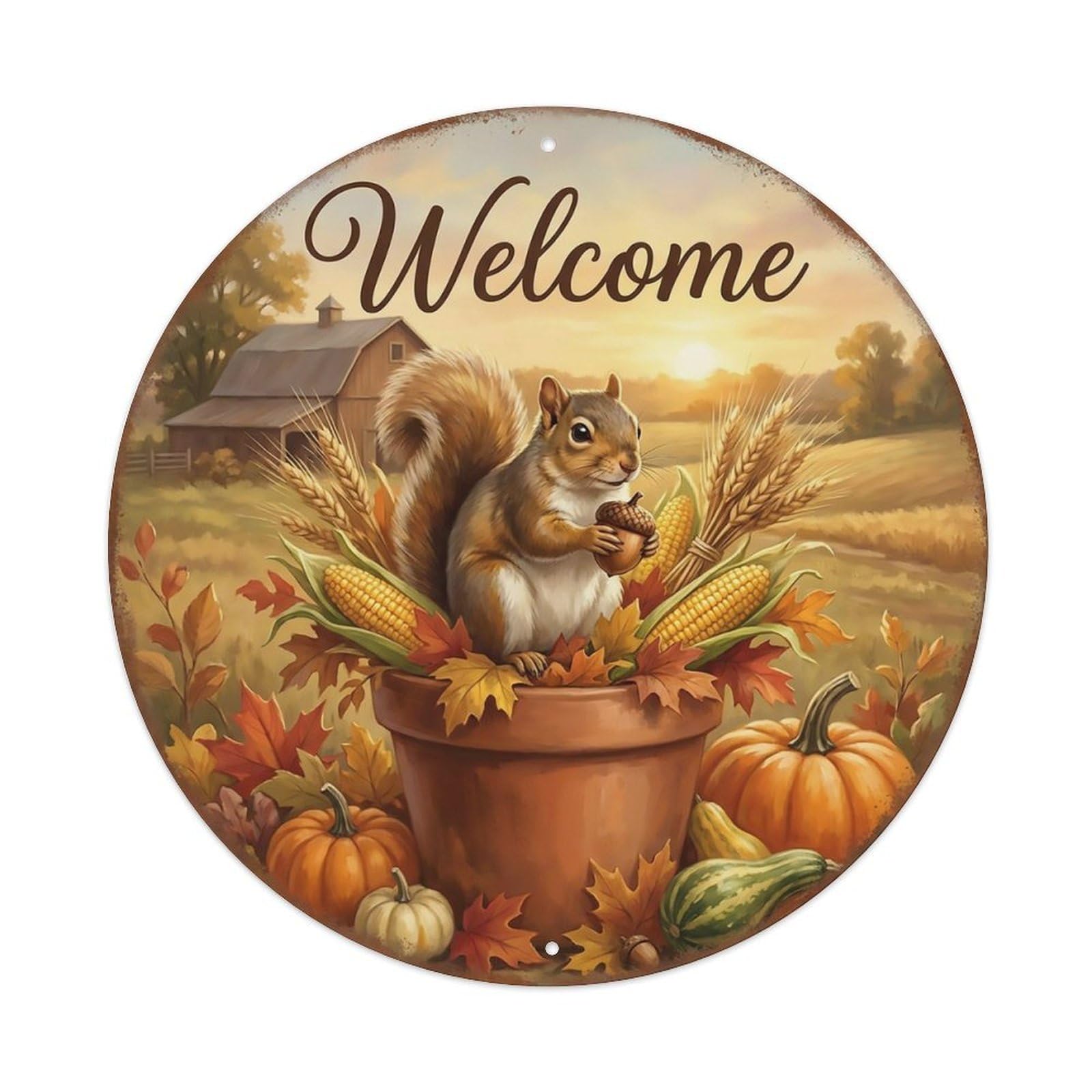 Welcome Squirrel Harvest Corn Metal Tin Sign