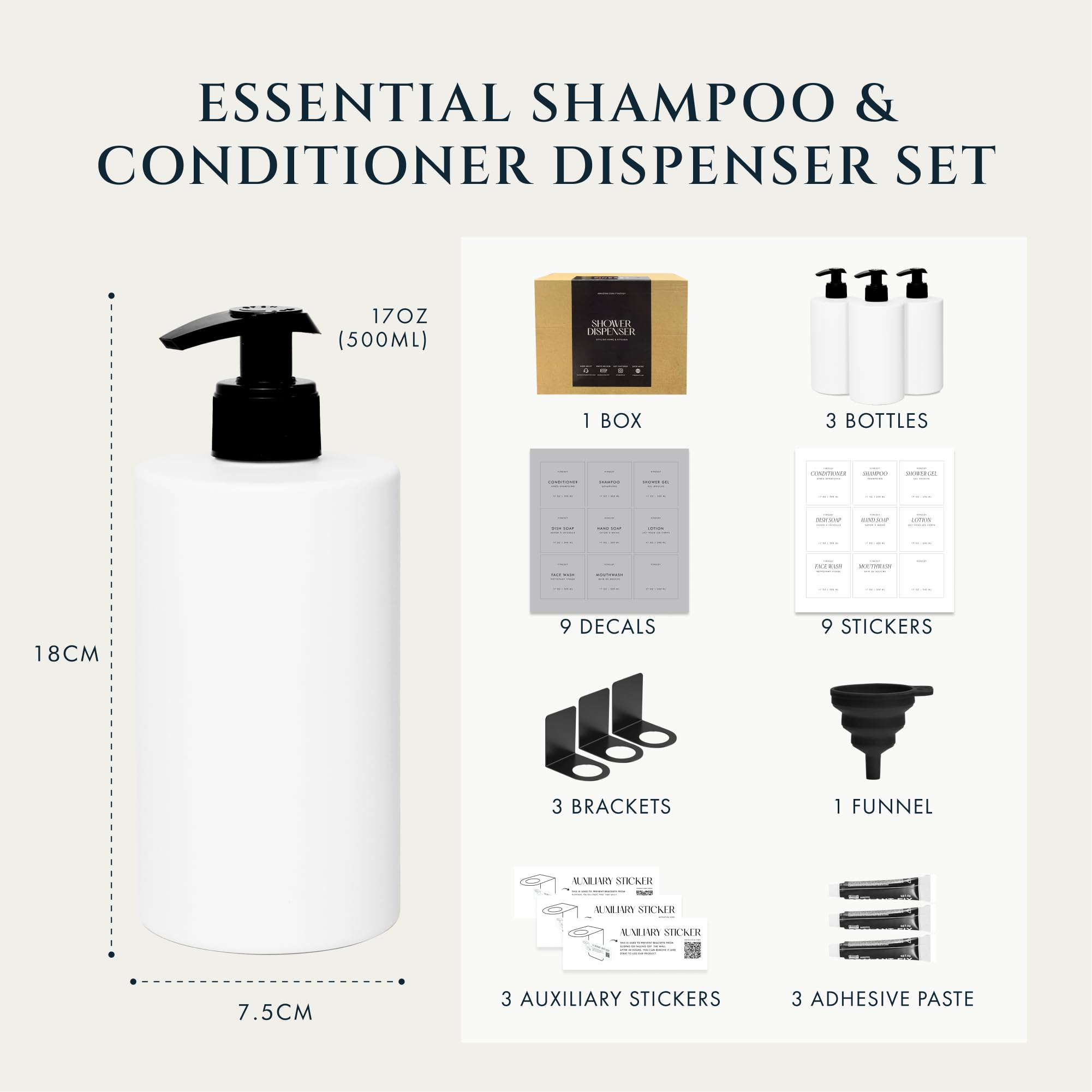Dispensador de champú y acondicionador de montaje en pared sin taladro, para gel de ducha, jabón corporal, botella de jabón, botella blanca recargable de 3 cámaras, dispensador de champú de baño de