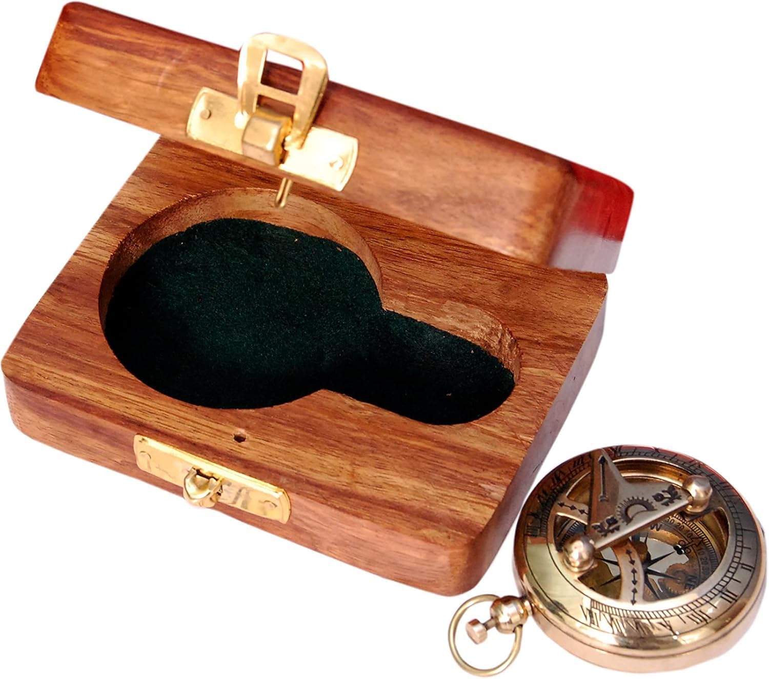 Brass Nautical Compass with Wooden Case - Antique Brass & Copper Sun Clock for Camping, Hiking, Touring - Engraved Gift for Him - Nautical Clock - Compass Gift