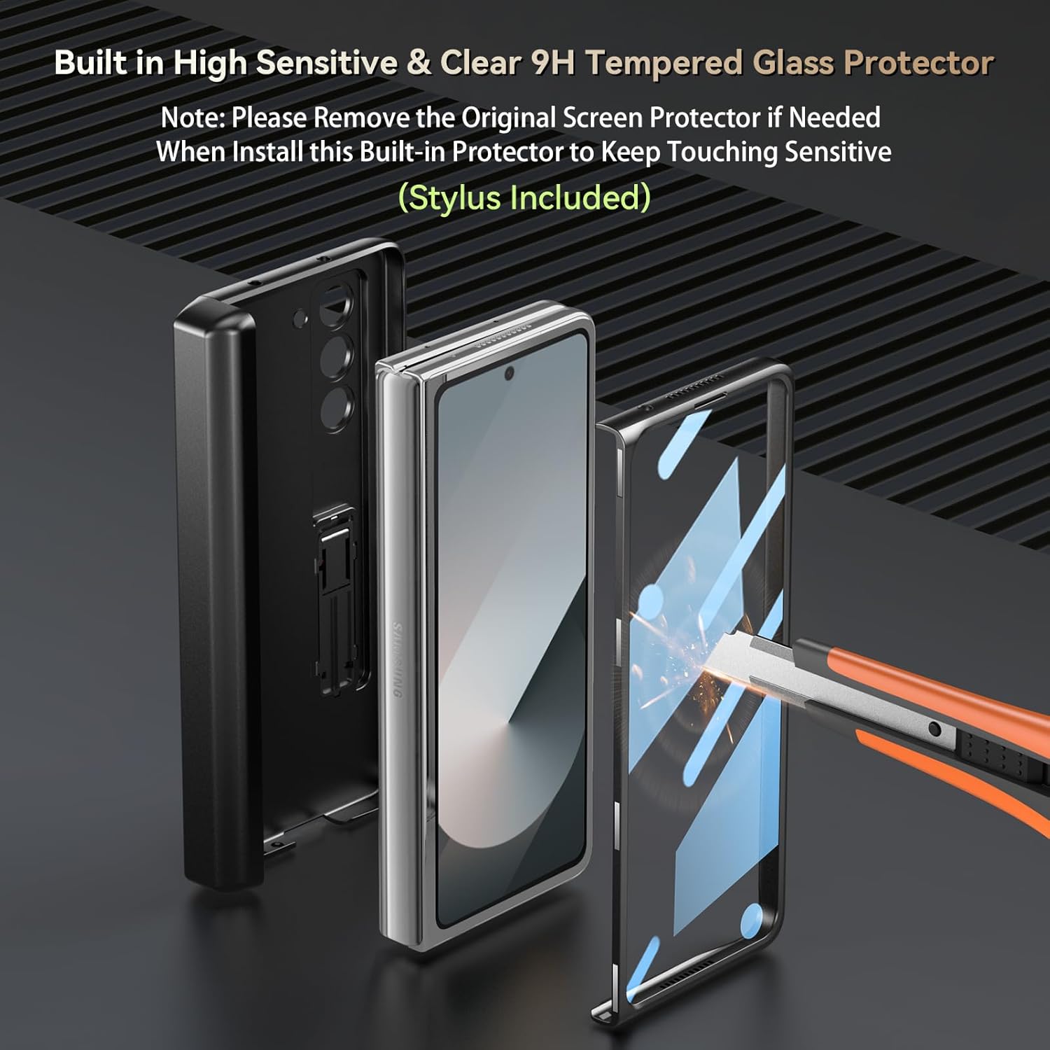 for Samsung Galaxy Z-Fold-6 Case: Built in Hidden Fold 6 New Slim S Pen Holder (2024) & Generic Stylus | Leather on Back, Screen Protector, Hinge Protection, Adjustable Stand - Black