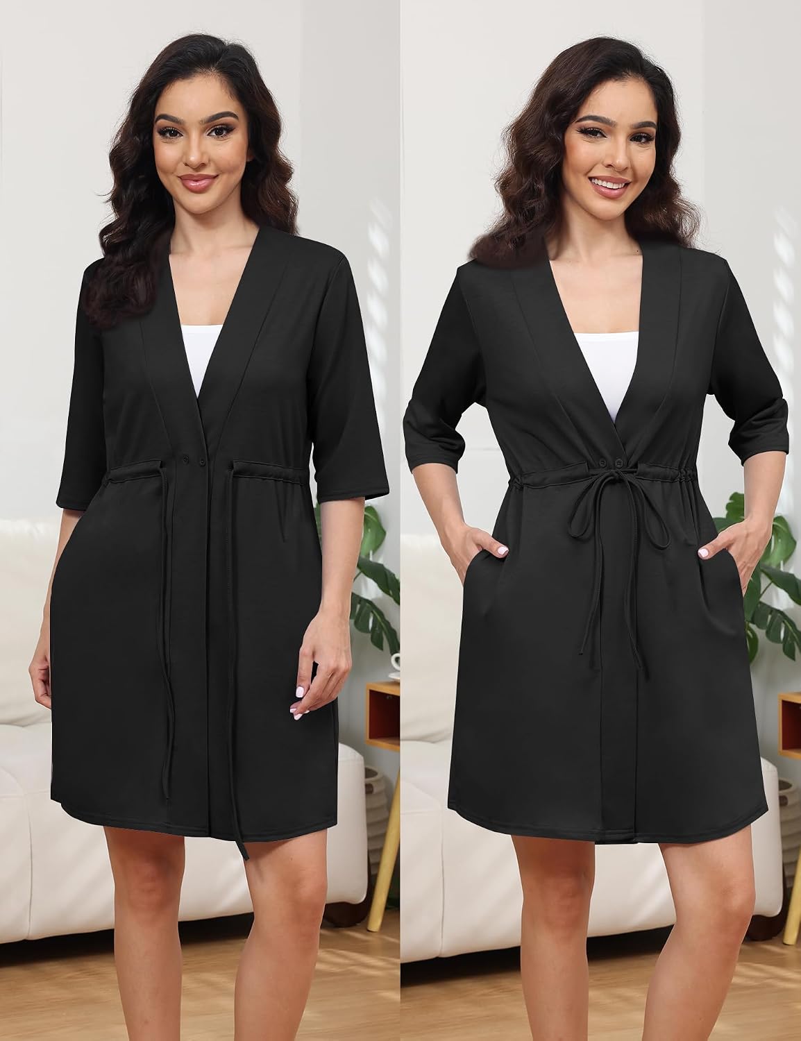 Drawstring Button Post Surgery Mastectomy Robe with 4 Drain Pockets | Breast surgery recovery nightgown for women with 3/4 sleeves, soft fabric for hospital stays, home care and drain management