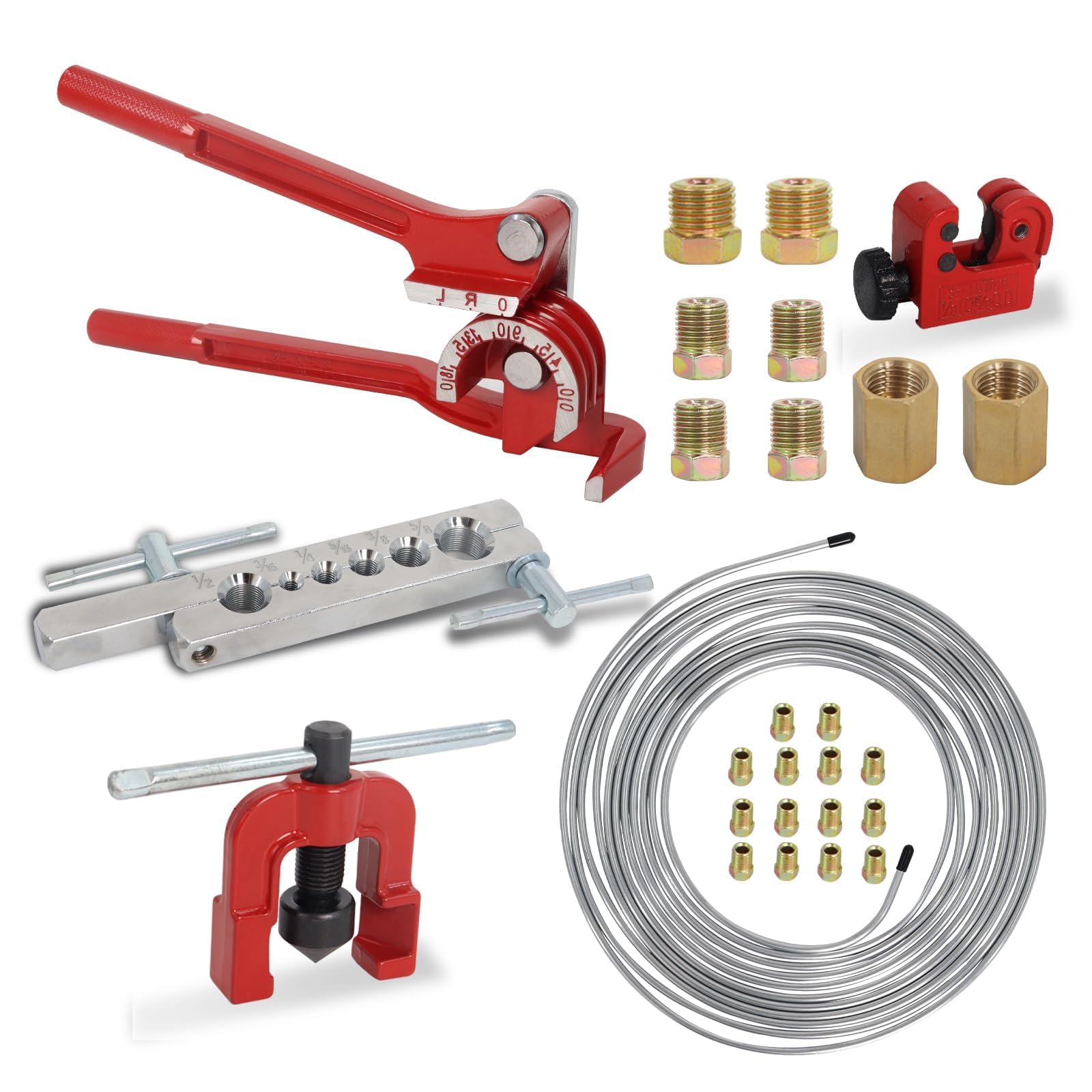 Kit de Herramientas para Cable de Freno, Incluye Cable de Cobre Plateado de 7.6m*4,76 mm con Conector y Doblador, Herramienta de Crimpado con Cortador, 26PCS