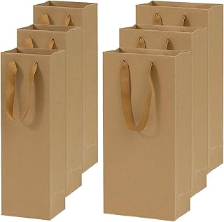 Chanseen 6Pcs Kraft Paper Bags with Handles for Single and Double Wine Bottles, Brown Wine Bottle Gift Bags for Champagne Whiskey Alcohol Party Wedding Festival