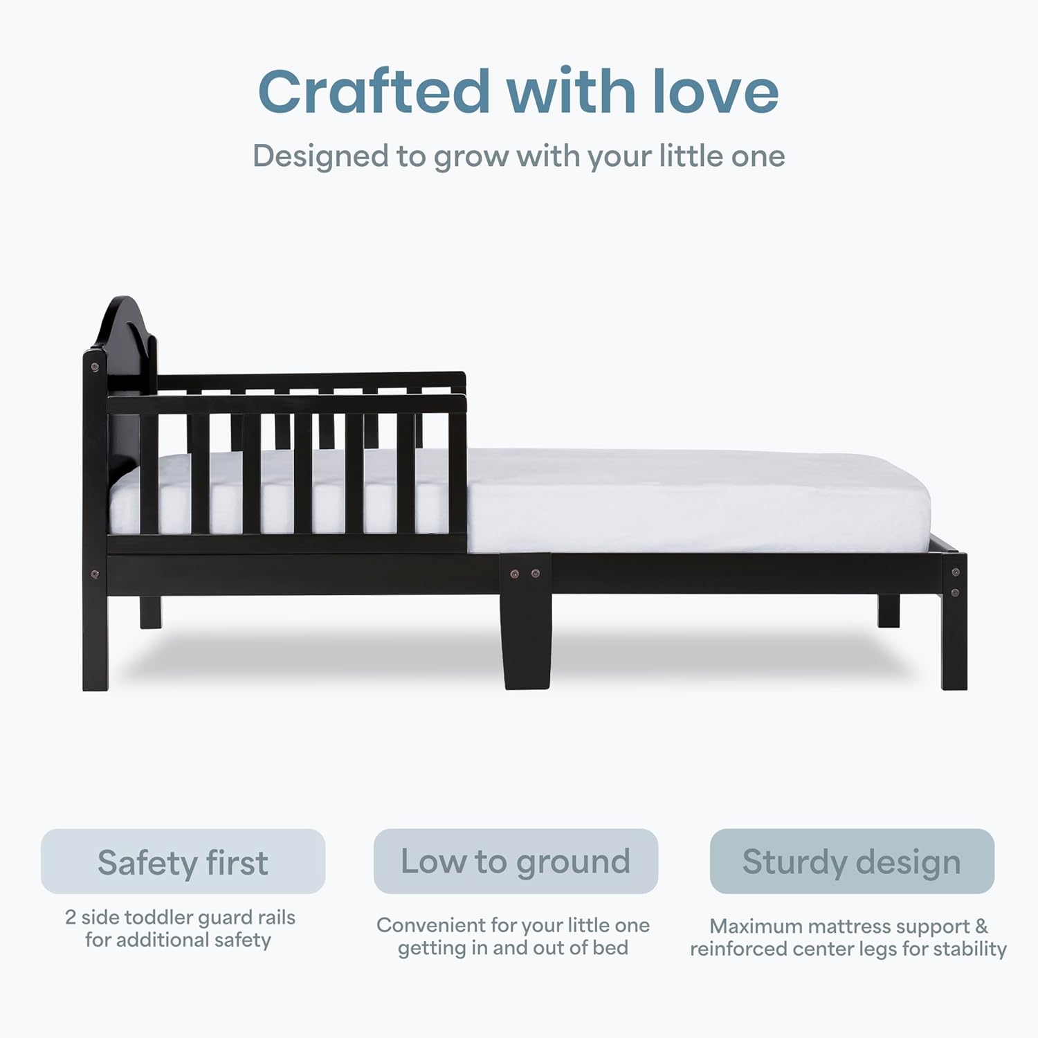 Dream On Me Sydney Toddler Bed in Black, Greenguard Gold Certified, JPMA Certified, Low To Floor Design, Non-Toxic Finish, Safety Rails, Made Of Pinewood