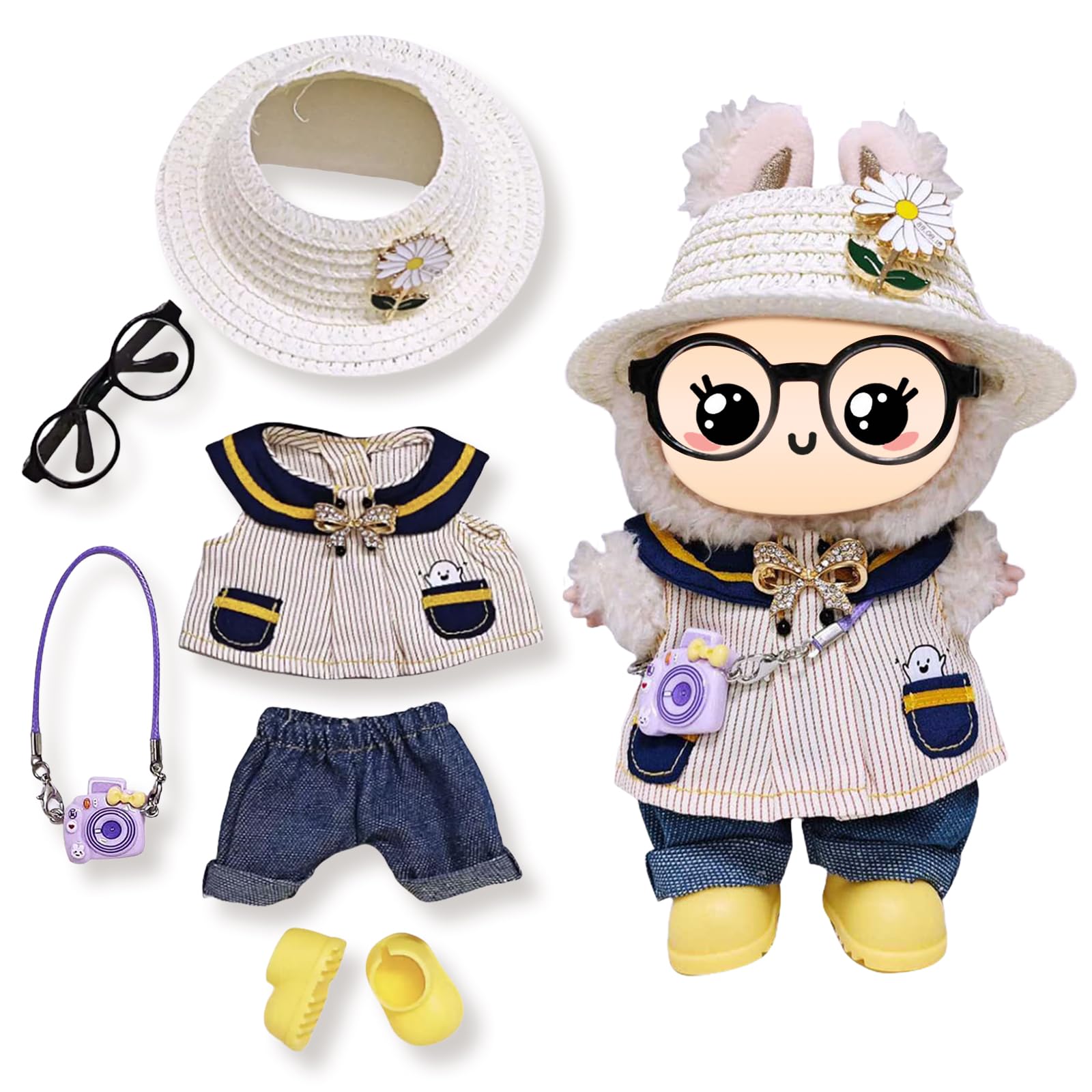 Mengudig 6 Pcs Premium Quality Fabrics Clothes for 15cm/17cm Labubu Dolls, Complete Fashion Set with Top Pants Shoes & Display Accessories