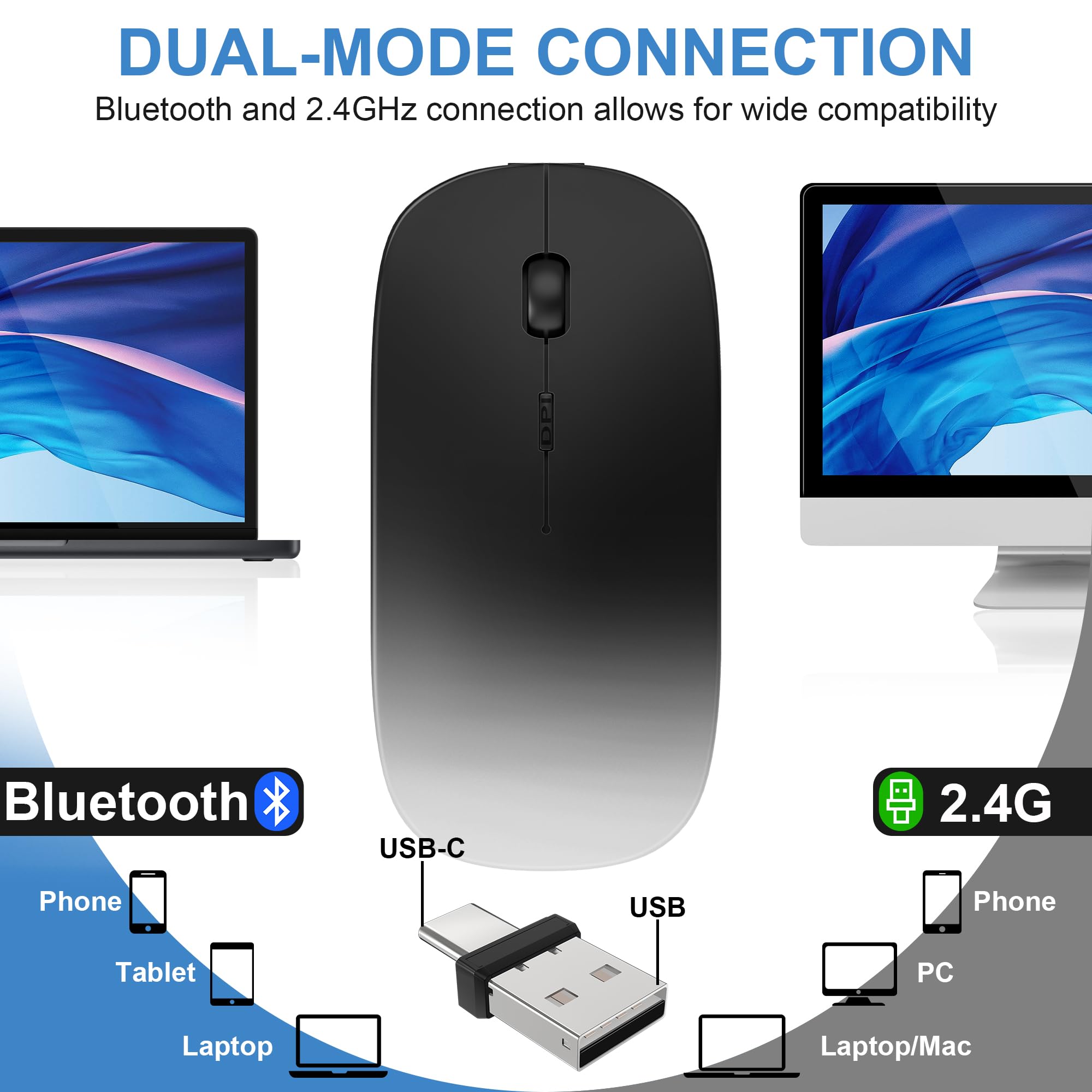 Mouse ricaricabile, Bluetooth Silenzioso Slim Mouse per Laptop iPad e MacBook, ideale per viaggi, ufficio e tablet portatile Mouse ricaricabile, Bluetooth Silenzioso Slim Mouse per Laptop iPad e MacBook, ideale per viaggi, ufficio e tablet portatile