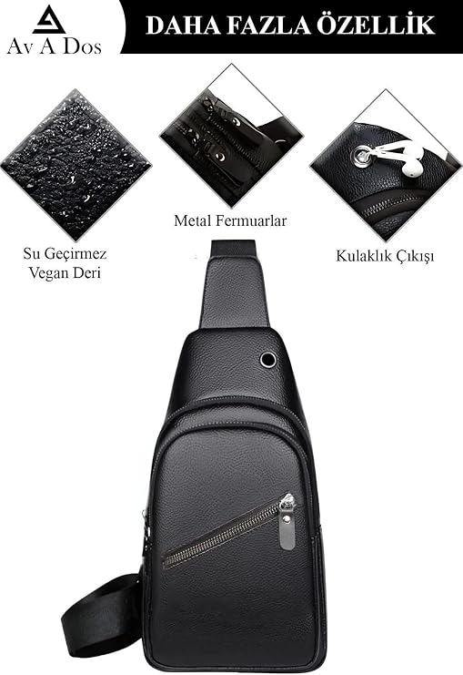 Av A Dos Cross Strap Bag, Chest Bag, Unisex Black Waterproof Vegan Leather Headphone Outlet Cross Waist Shoulder Chest Bag Bodybag