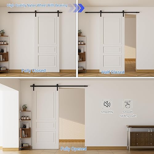 Vista 29 de CCJH - Kit de herrajes para puerta corrediza de granero de 12 pies, resistente, suave y silencioso, fácil de instalar, p/paneles de puerta indiv.