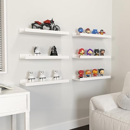 Miniatura 7 de DOLLFIO Juego de 9 estantes flotantes, estantes de pared negros con labio, estantes de exhibición para decoración de pared, repisa moderna para sala