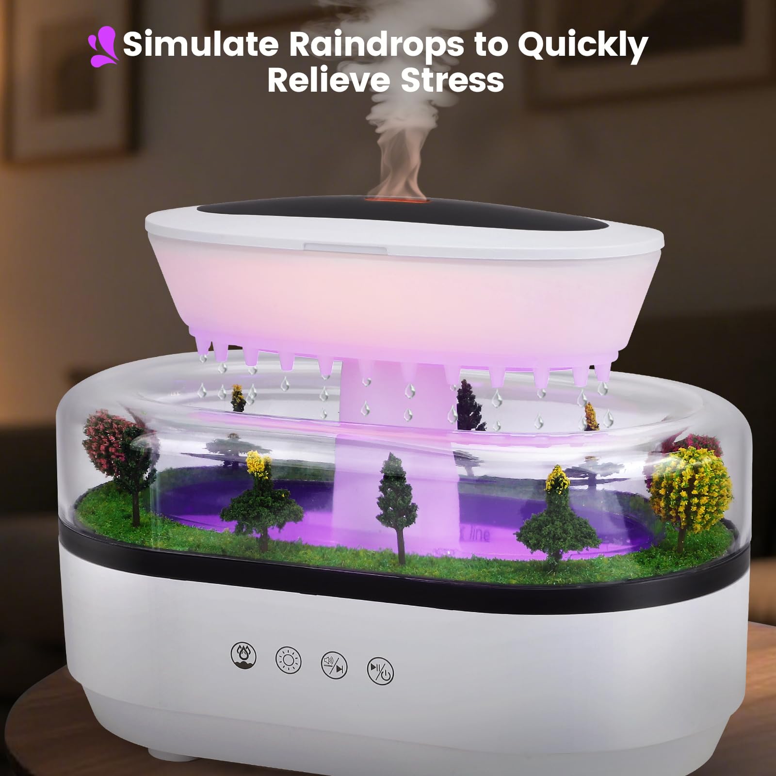 Diffuseur d'Aromathérapie, 250ML Humidificateur d'air à Effet Gouttes de Pluie avec Micro-Paysages, Lumières LED 7 Couleurs et Bruit Blanc, pour Chambres à Coucher et Chambres d'enfants