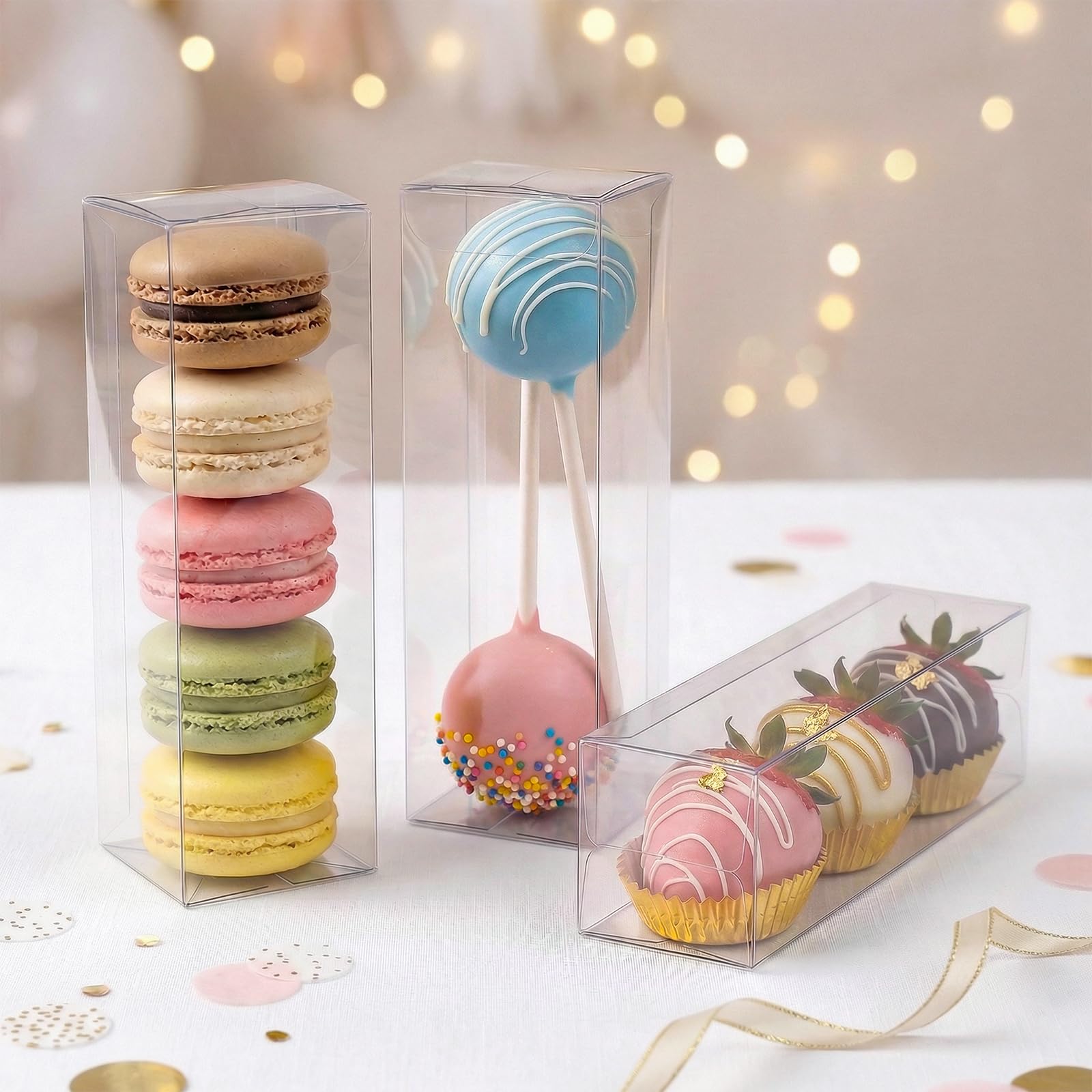 VGOODALL 26 Pcs Clear Macaron Boxes, 2x2x6 Inch Transparent Plastic Favor Boxes, Tall Treat Gift Containers with Assembly Gloves for Cake Pops, Strawberries, Wedding, Party Favors