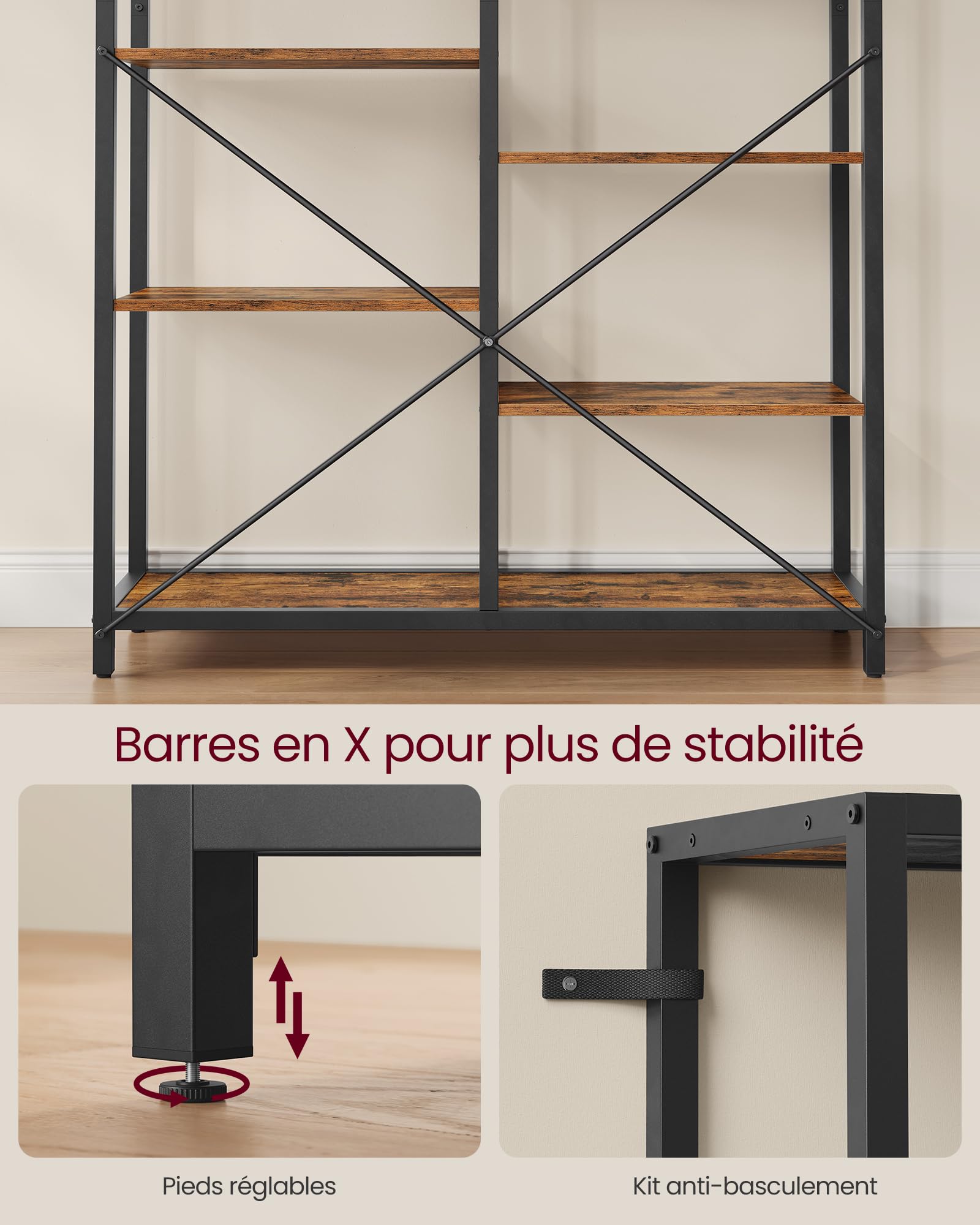VASAGLE Meuble de Rangement 5 Niveaux, ÉtagÈre, BibliothÈque Enfant, pour Salon, Chambre, Salle de Bain, Cuisine, EntrÉe, Montage Facile, Marron Rustique et Noir LLS155B01